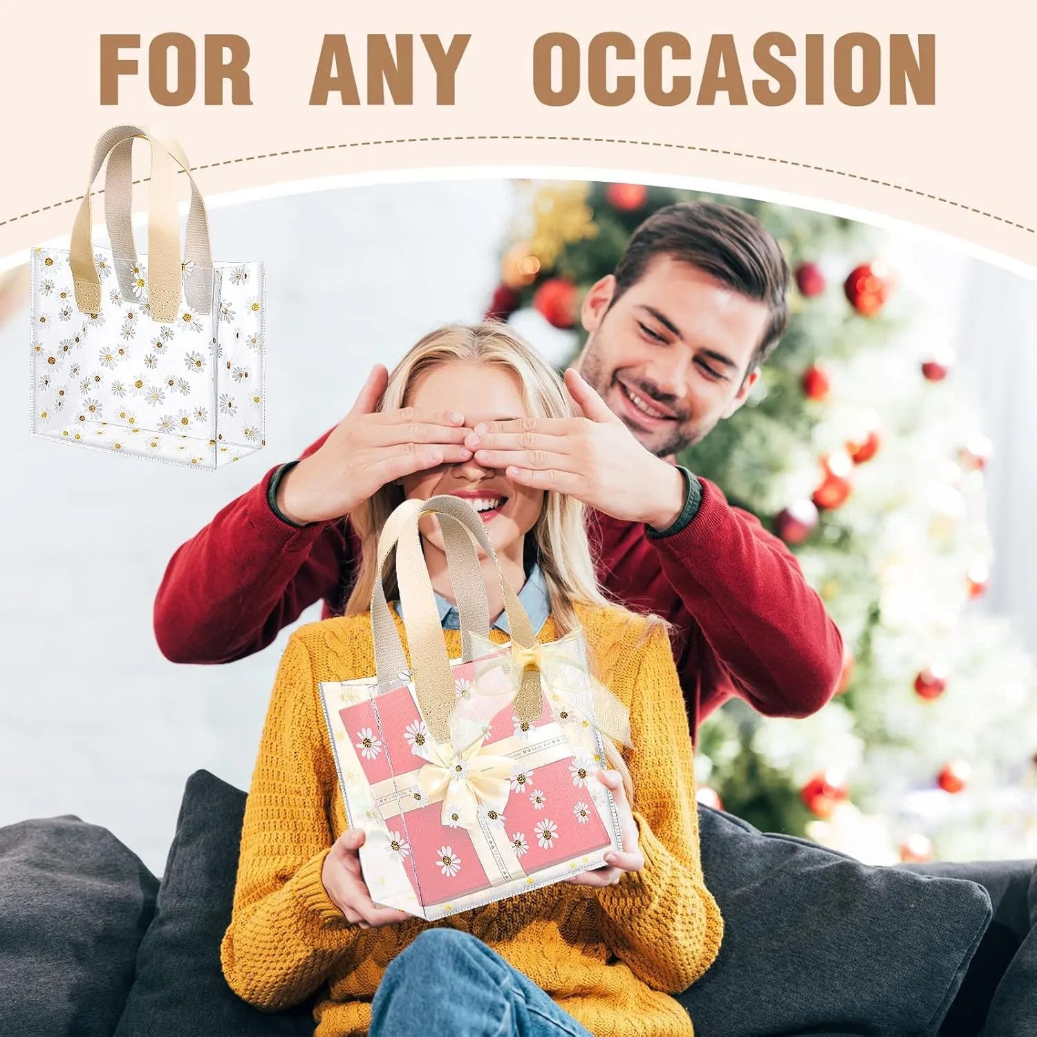 BBTO 16 Pcs Clear Plastic Gift Bags with Handle Transparent Reusable PVC Bags with Fishtail Ribbon for Bridal Party Baby Shower Wedding Shopping, 7.87 x 3.94 x 7.09''(Beige)