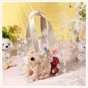 BBTO 16 Pcs Clear Plastic Gift Bags with Handle Transparent Reusable PVC Bags with Fishtail Ribbon for Bridal Party Baby Shower Wedding Shopping, 7.87 x 3.94 x 7.09''(Beige)