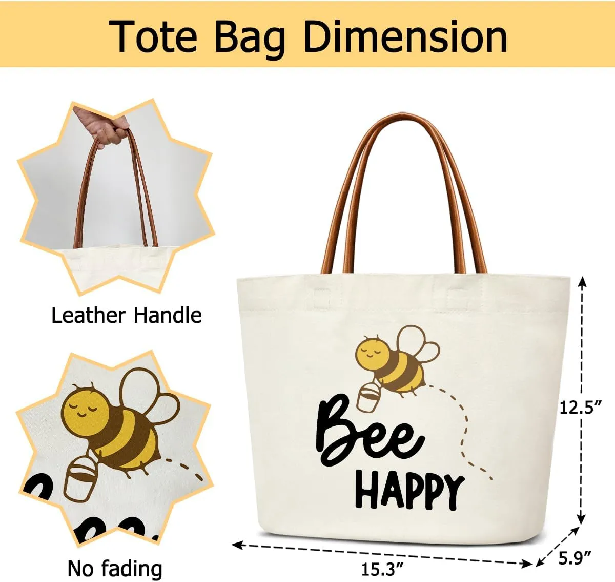 Bee Happy Canvas Tote Bag For Women, Reusable Grocery Shoulder Bag Cute Tote Bags for Work Travel Gym, Inspirational Gifts Floral Handbag Beach Bags for Women Teacher Friends Mother -24