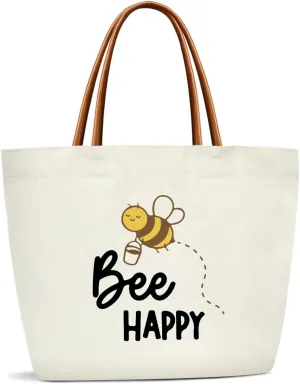 Bee Happy Canvas Tote Bag For Women, Reusable Grocery Shoulder Bag Cute Tote Bags for Work Travel Gym, Inspirational Gifts Floral Handbag Beach Bags for Women Teacher Friends Mother -24
