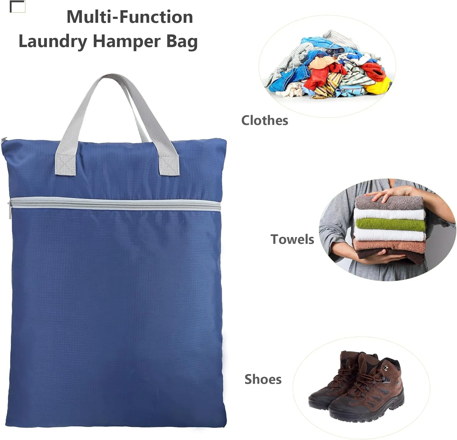 BeeGreen Navy Blue Hanging Laundry Bag with Handles Two Zippered Pockets Haning Laundry Hamper for College Dorm Travel Day Trip Swimsuit Bathsuit