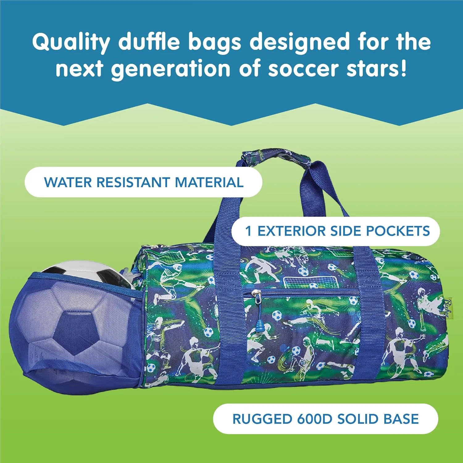 Bixbee Kids Duffle Bag, Soccer Bag & Travel Bag for Sports, Gymnastics, Ballet & Overnight with Adjustable Strap, Zippers, Pockets, 17 x 9 x 9 IN - Soccer Star Duffle for Boys & Girls w/Ball Bag