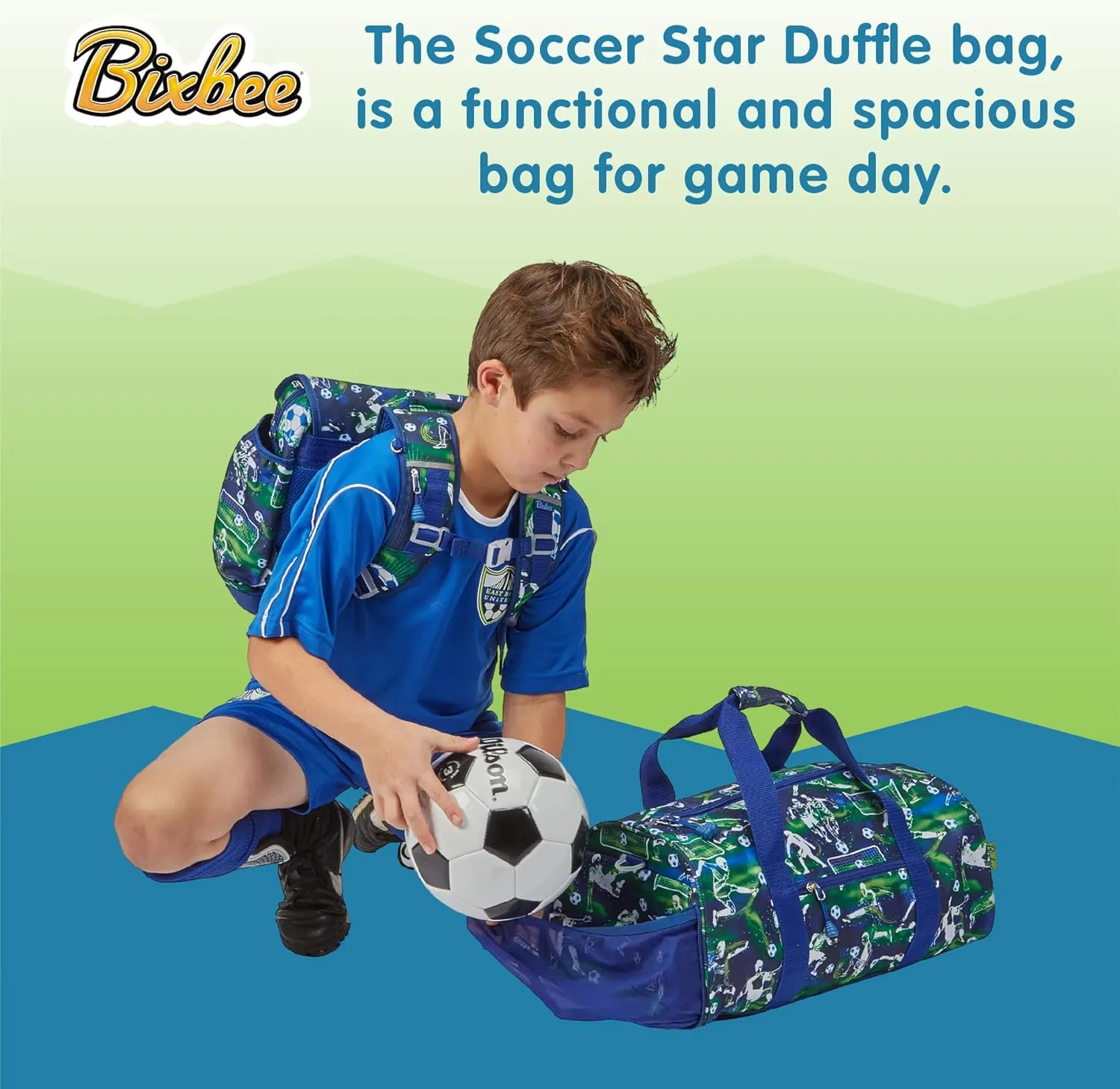 Bixbee Kids Duffle Bag, Soccer Bag & Travel Bag for Sports, Gymnastics, Ballet & Overnight with Adjustable Strap, Zippers, Pockets, 17 x 9 x 9 IN - Soccer Star Duffle for Boys & Girls w/Ball Bag