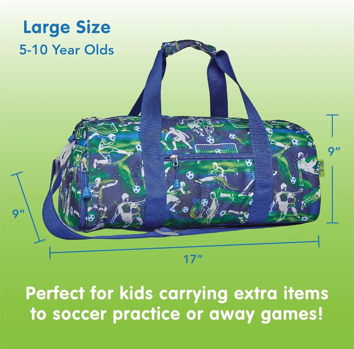 Bixbee Kids Duffle Bag, Soccer Bag & Travel Bag for Sports, Gymnastics, Ballet & Overnight with Adjustable Strap, Zippers, Pockets, 17 x 9 x 9 IN - Soccer Star Duffle for Boys & Girls w/Ball Bag