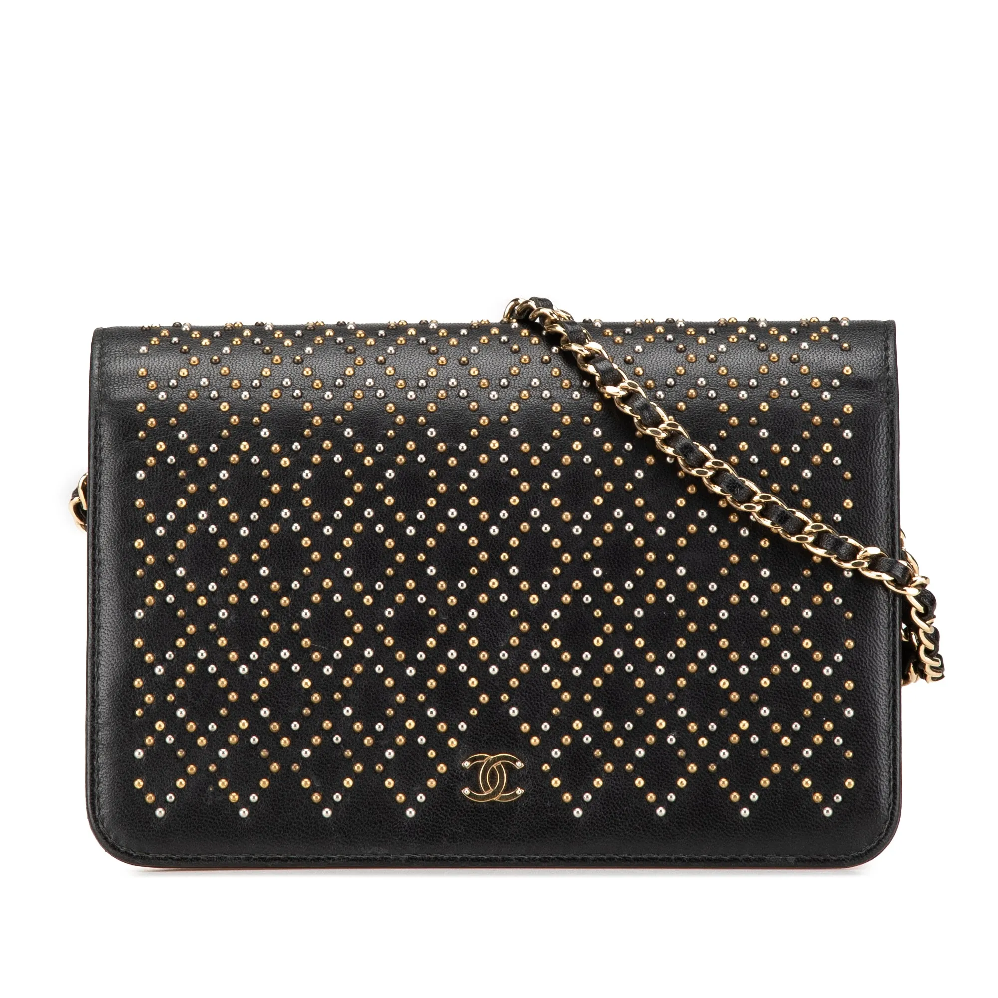 Black Chanel CC Studded Lambskin Wallet on Chain Crossbody Bag