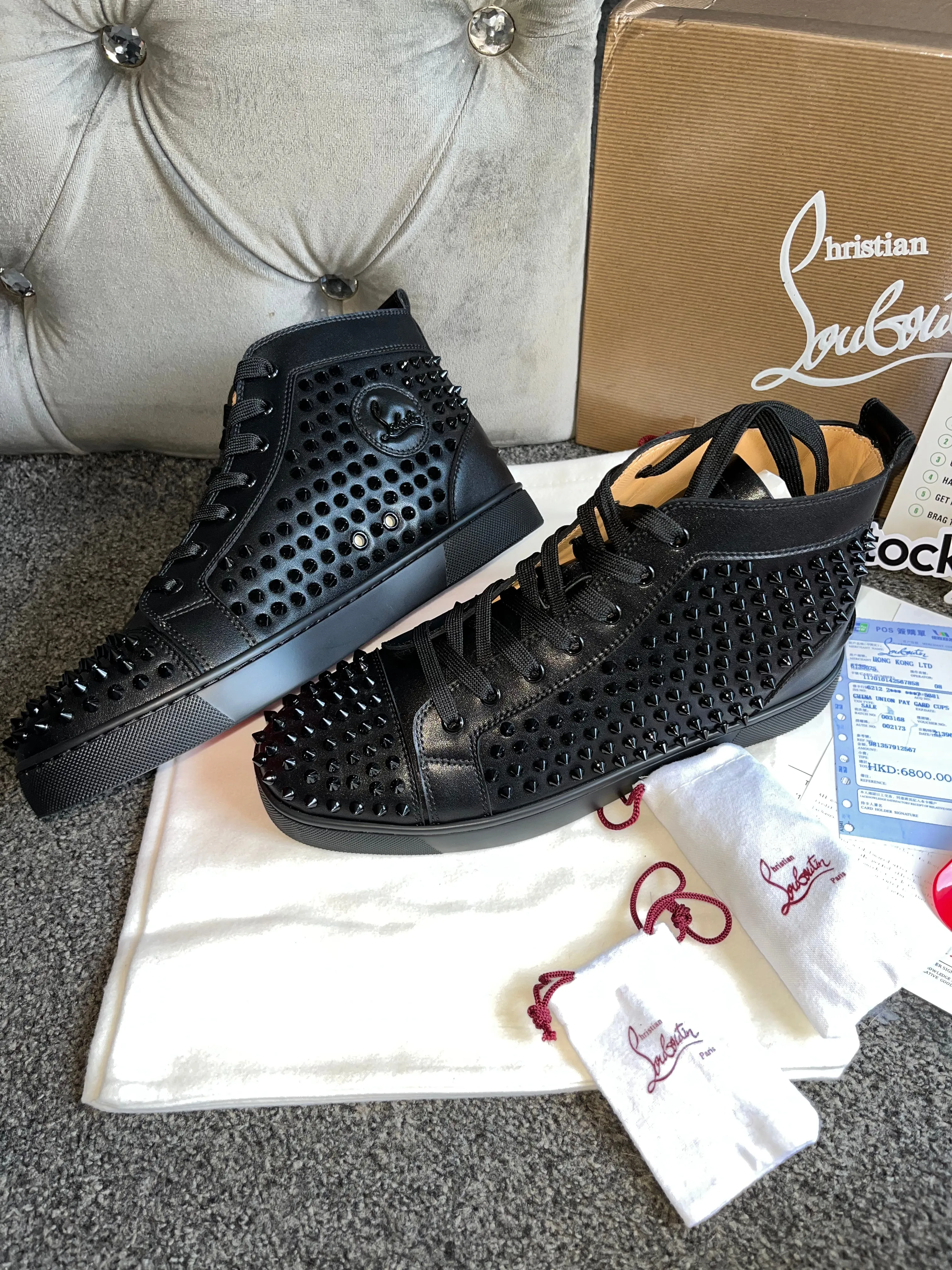 Black Leather Studded High Trainers
