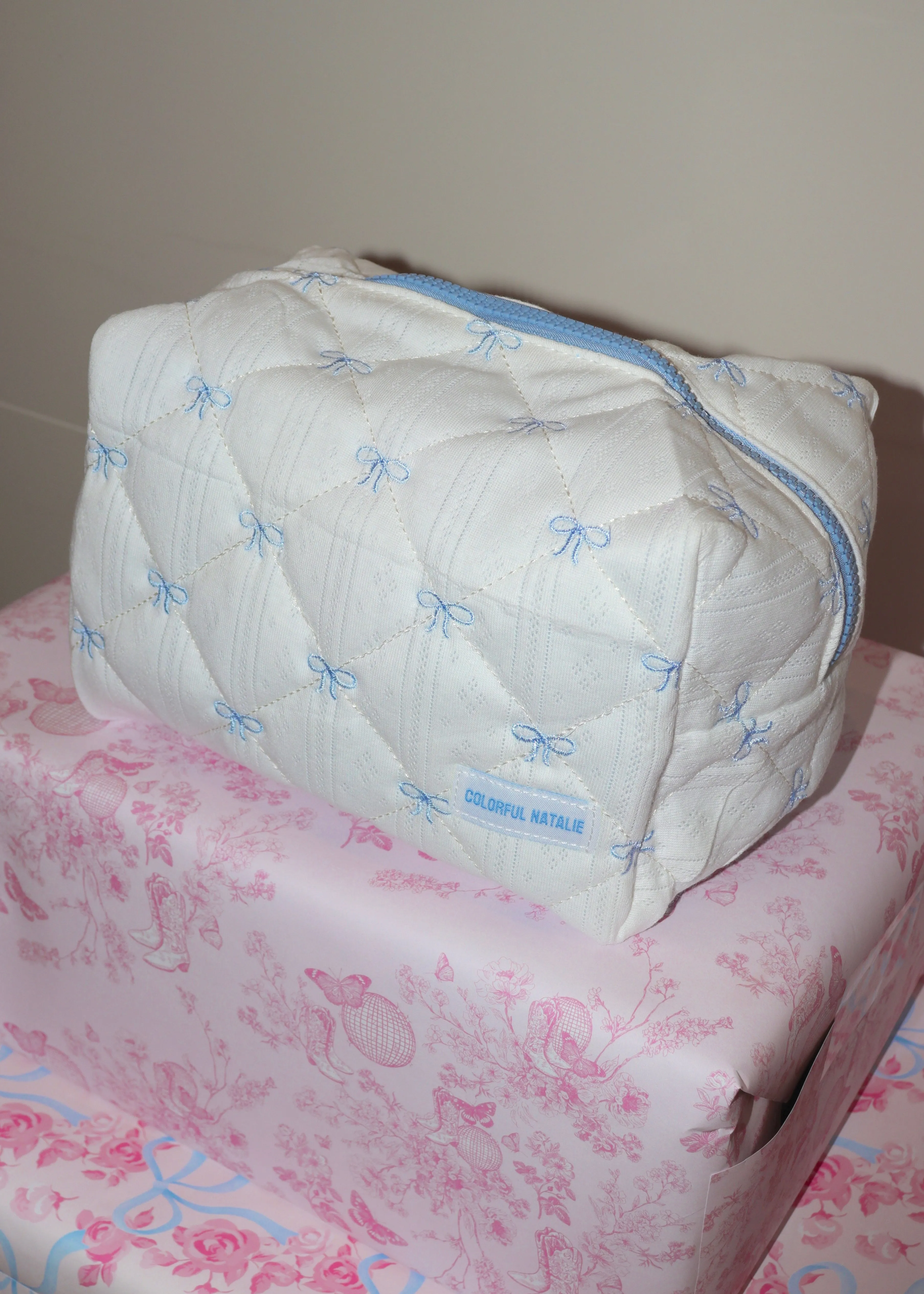 Blue Bows X-Large Embroidered Makeup Bag