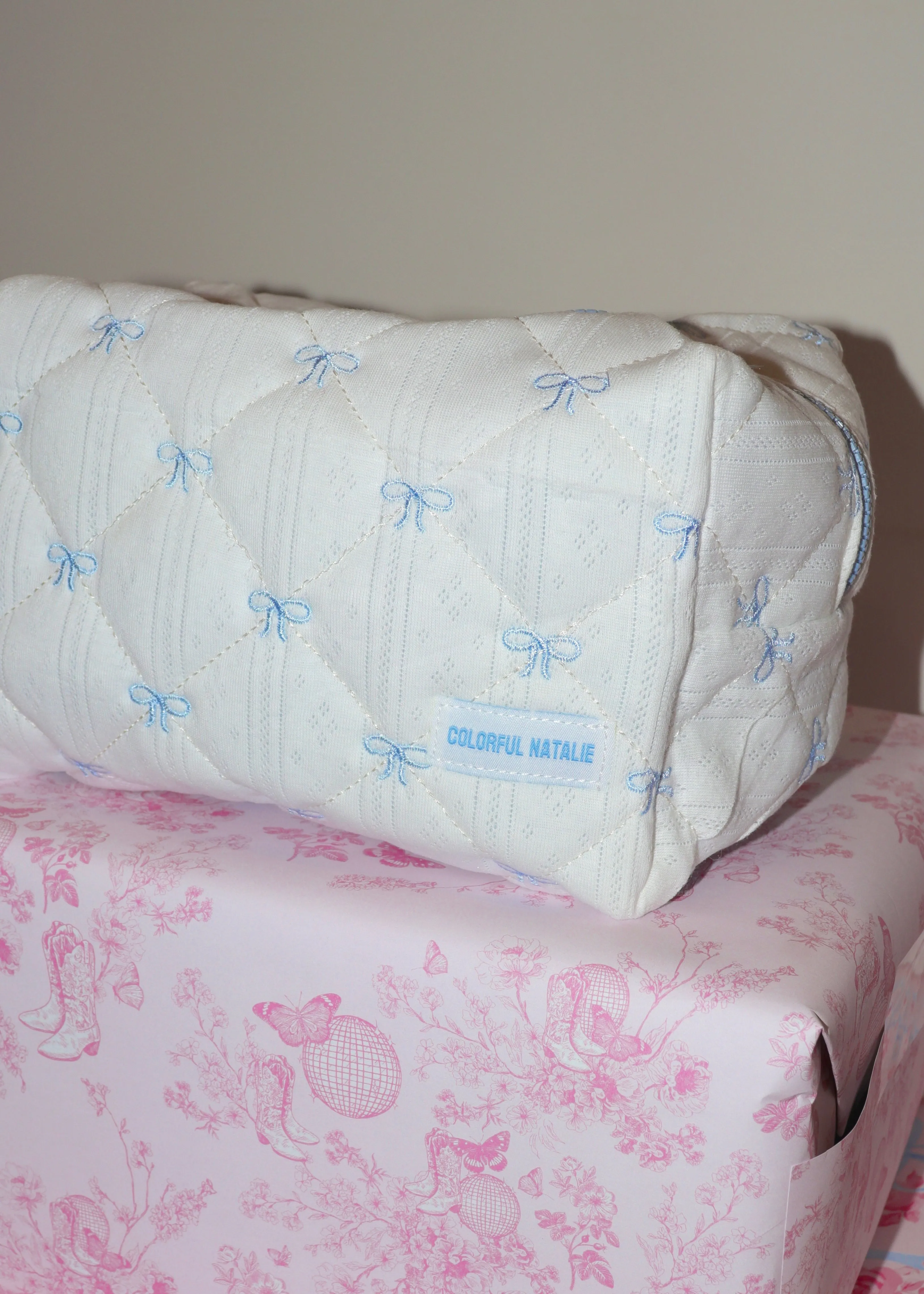 Blue Bows X-Large Embroidered Makeup Bag