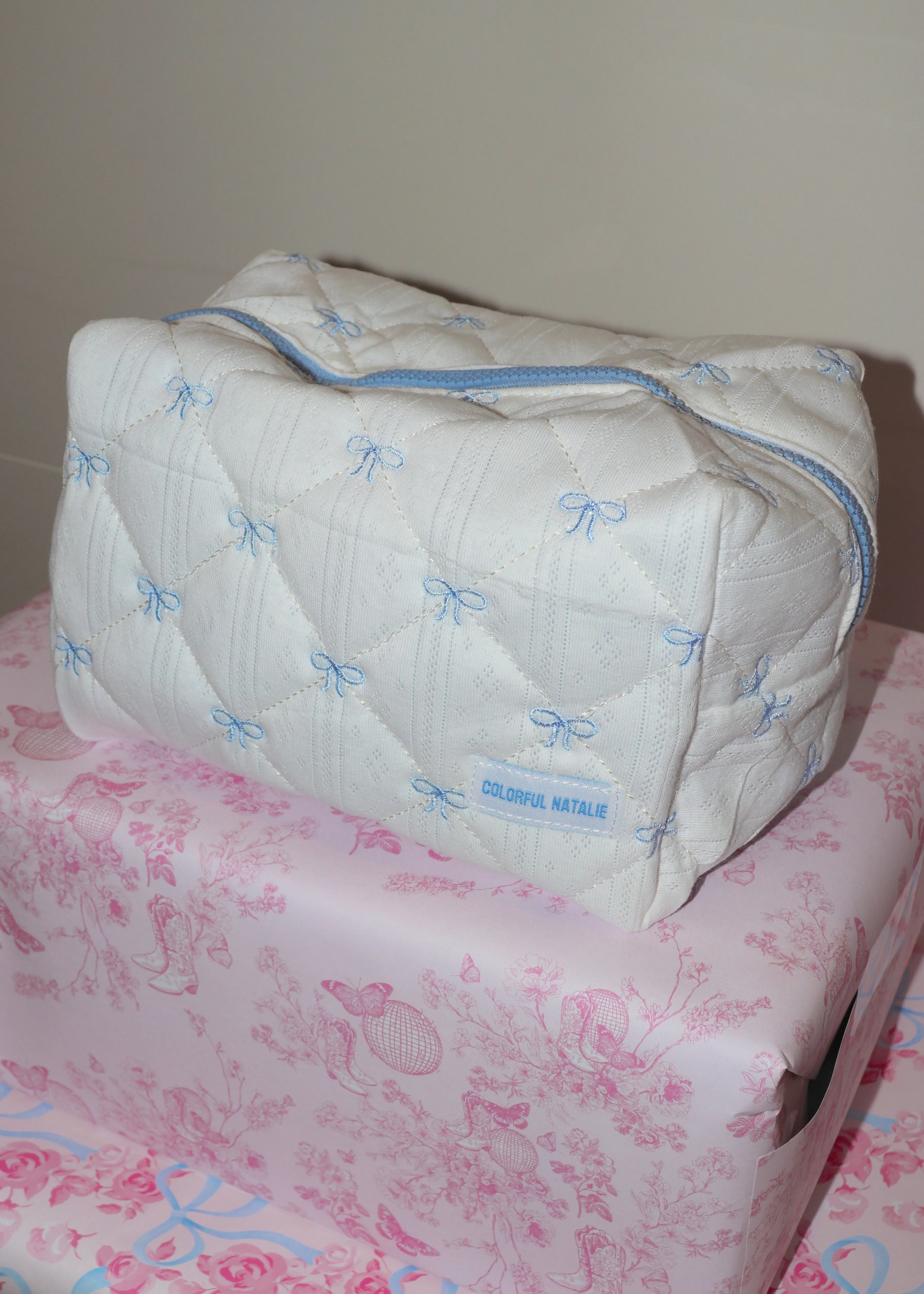 Blue Bows X-Large Embroidered Makeup Bag