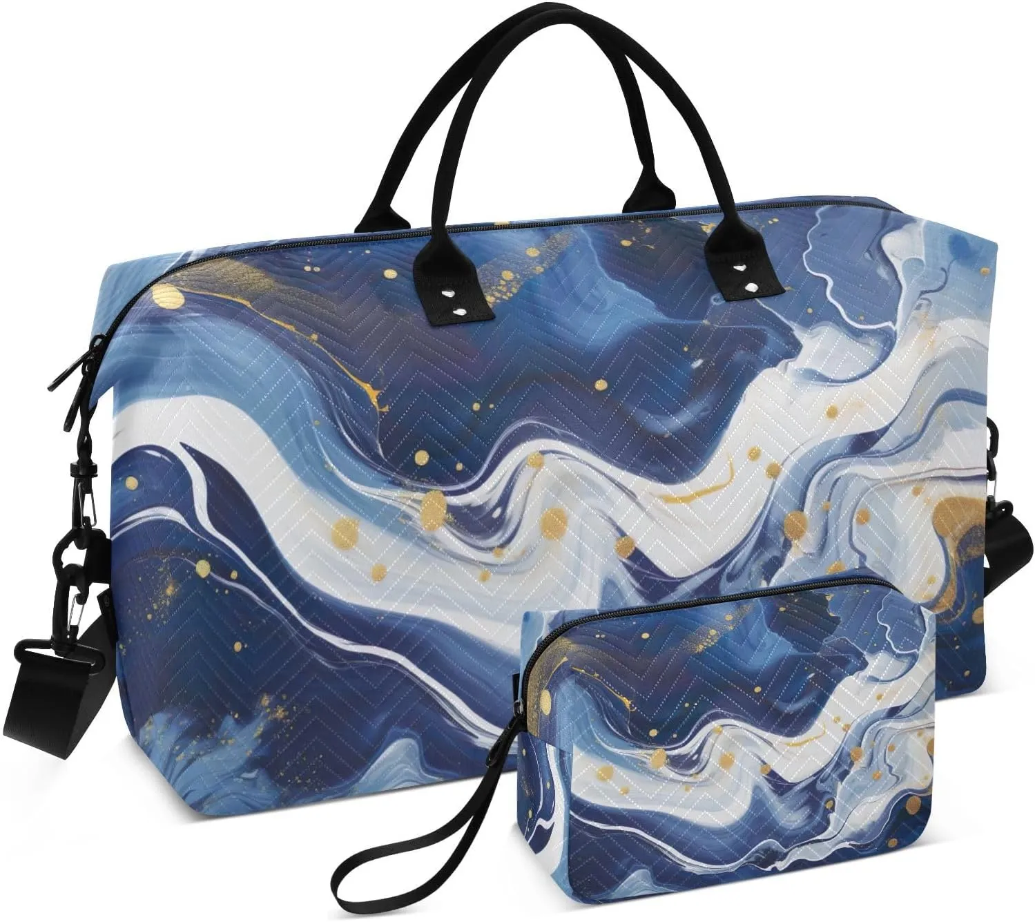 Blue White Marble Sports Gym Bag for Women Men Travel Duffel Bag Weekend Overnight Carry on Bag with Toiletry Bag Yoga Bag for Swimming Yoga Workout Plane Hospital