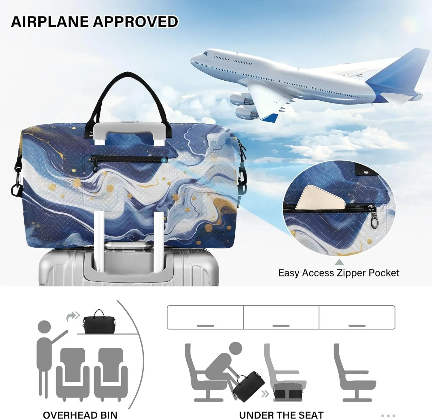 Blue White Marble Sports Gym Bag for Women Men Travel Duffel Bag Weekend Overnight Carry on Bag with Toiletry Bag Yoga Bag for Swimming Yoga Workout Plane Hospital