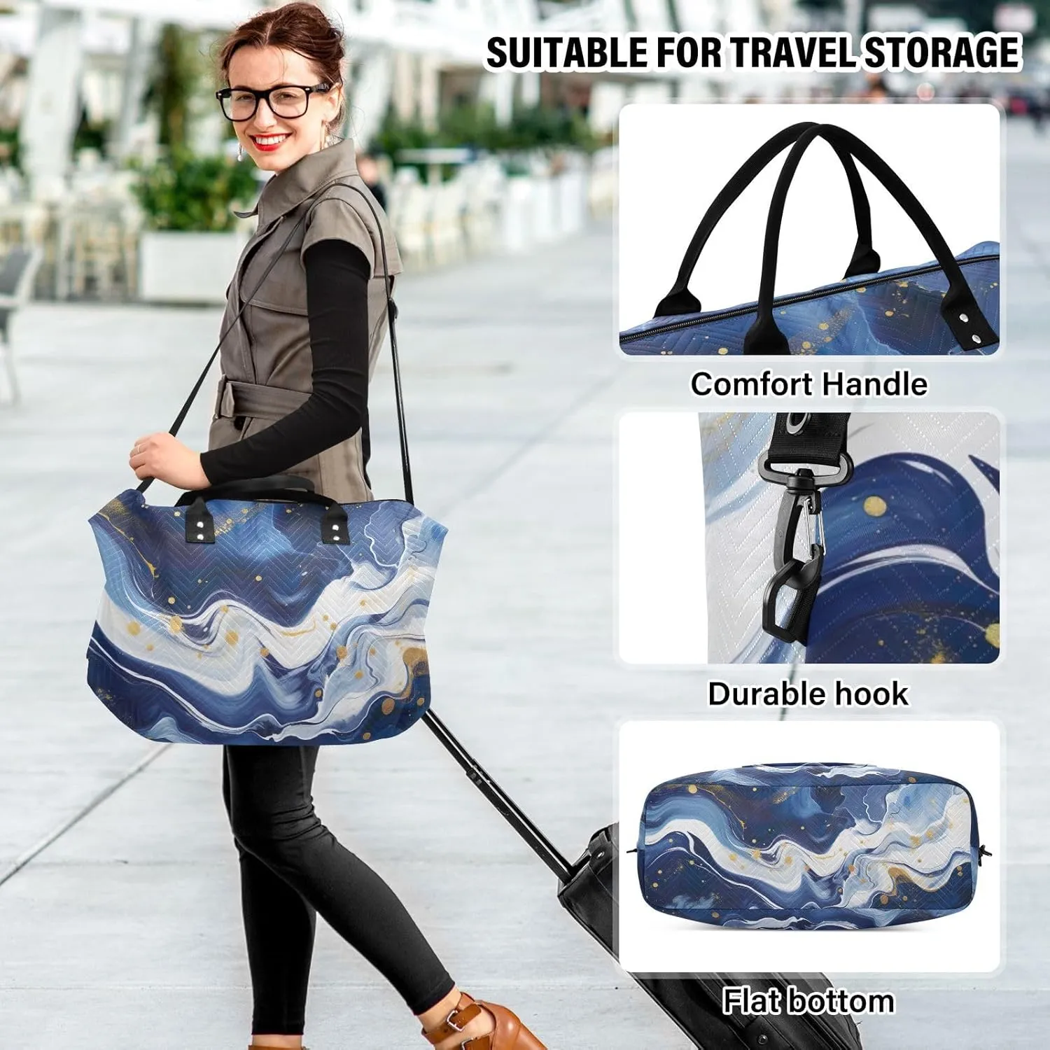 Blue White Marble Sports Gym Bag for Women Men Travel Duffel Bag Weekend Overnight Carry on Bag with Toiletry Bag Yoga Bag for Swimming Yoga Workout Plane Hospital