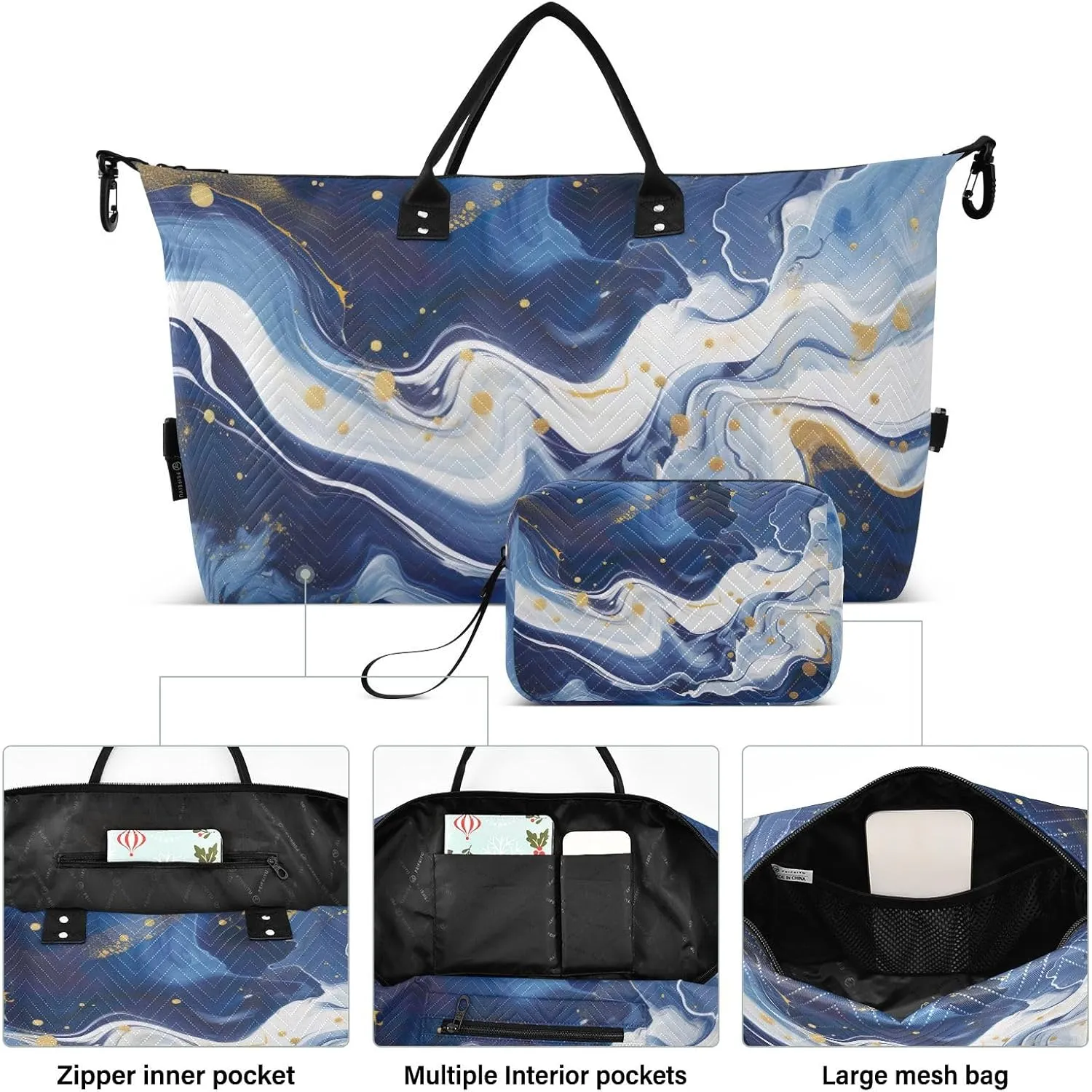 Blue White Marble Sports Gym Bag for Women Men Travel Duffel Bag Weekend Overnight Carry on Bag with Toiletry Bag Yoga Bag for Swimming Yoga Workout Plane Hospital