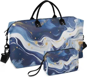 Blue White Marble Sports Gym Bag for Women Men Travel Duffel Bag Weekend Overnight Carry on Bag with Toiletry Bag Yoga Bag for Swimming Yoga Workout Plane Hospital