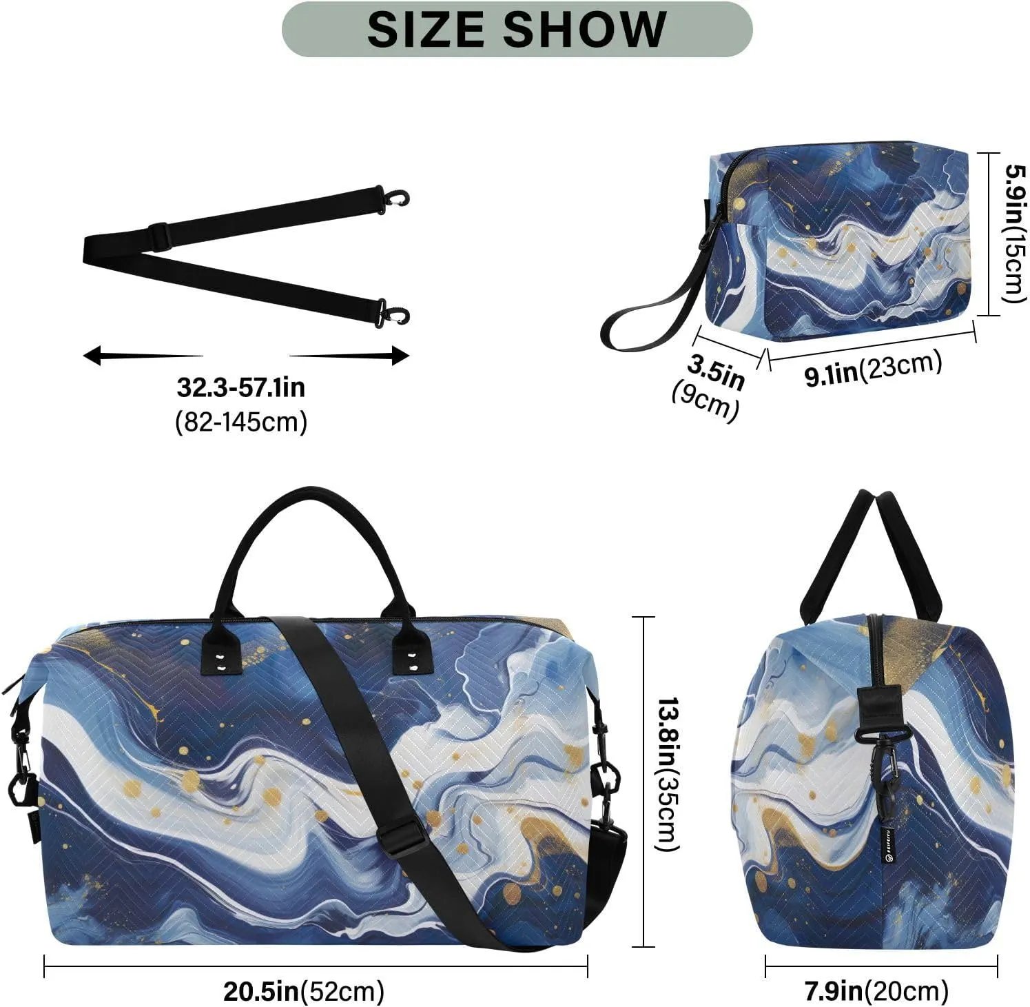Blue White Marble Sports Gym Bag for Women Men Travel Duffel Bag Weekend Overnight Carry on Bag with Toiletry Bag Yoga Bag for Swimming Yoga Workout Plane Hospital