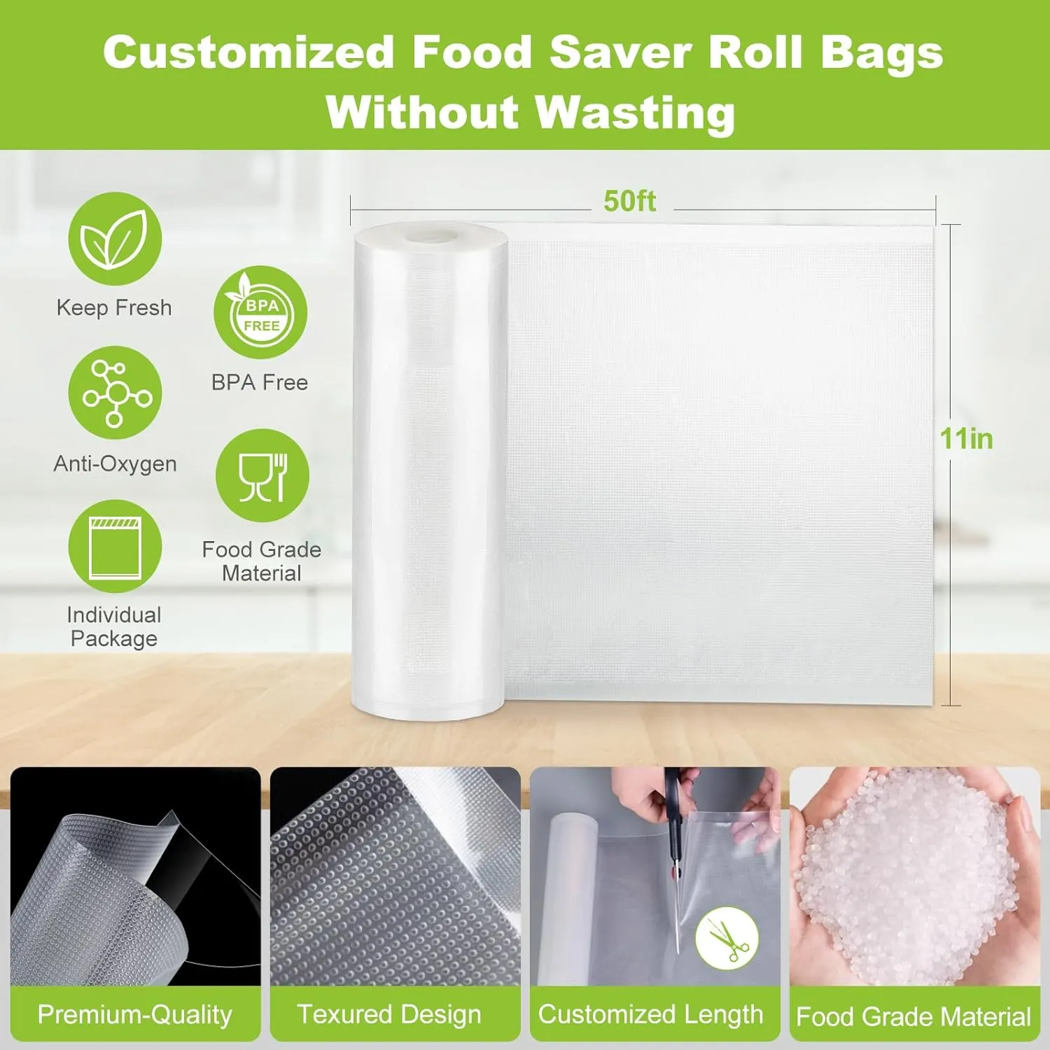 Bonsenkitchen Vacuum Sealer Bags, 11 in x 50 ft Rolls 2 Pack Seal Bags for Food Storage Saver, BPA Free, Commercial Grade Textured Food Roll Bags, Customized Size Bag for Sous Vide Cooking,VB3210