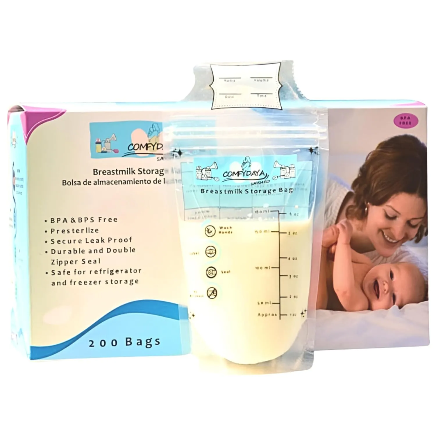 Breastmilk Storage Bags (200 Count). Ready to Use, Pre-sterilize, BPA & BPS-Free, Leak-Proof, Double-Zipper, Self-Standing, Super-Strong, Food Grade-Breast Milk Bags