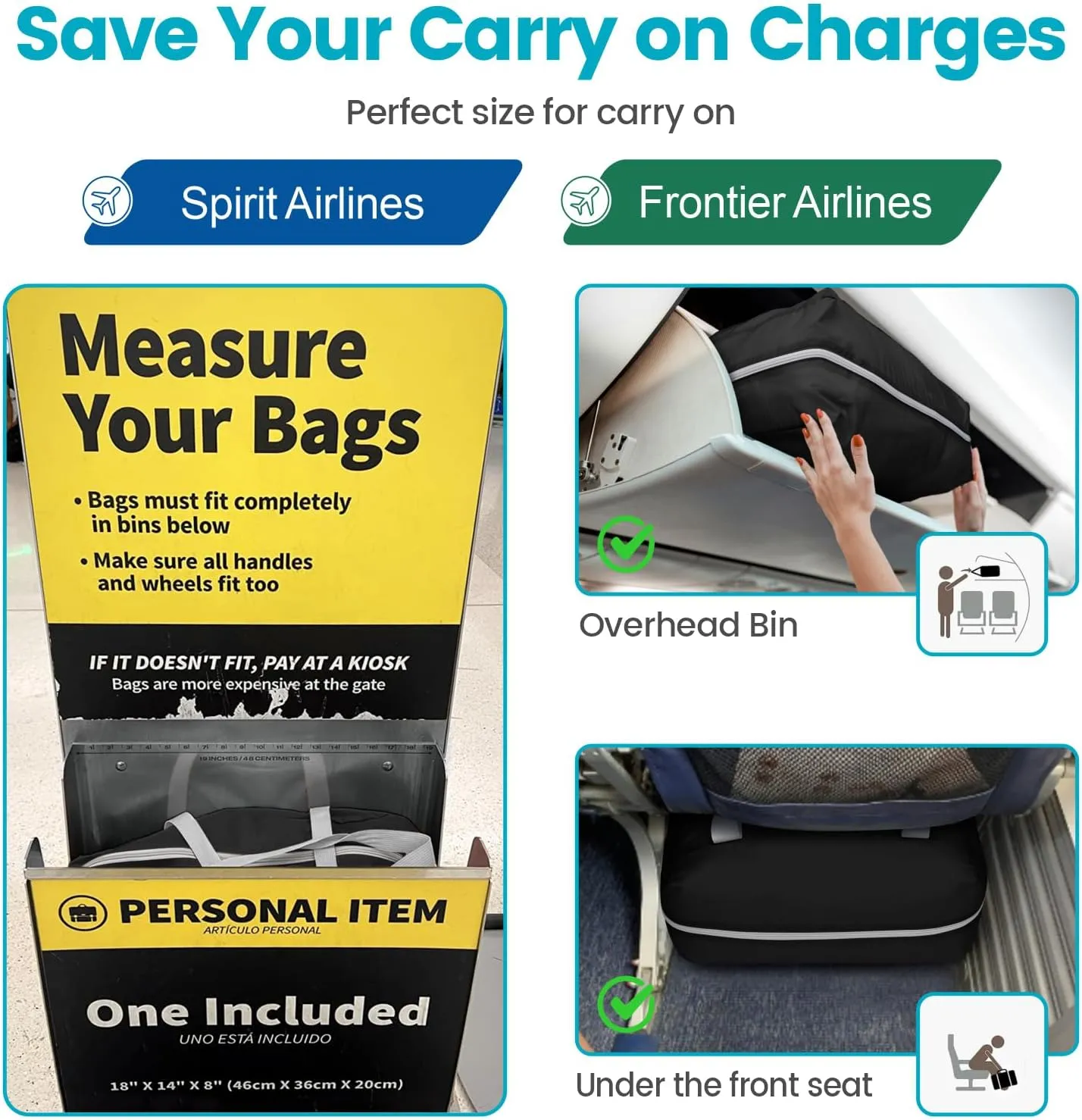 Cambond Spirit Airlines Personal Item Bag 18x14x8 Inch - 30L Carry on Personal Item Travel Bag for Short Trip with Shoulder Strap, Lightweight Compact Underseat Foldable Travel Duffel Bags, Black