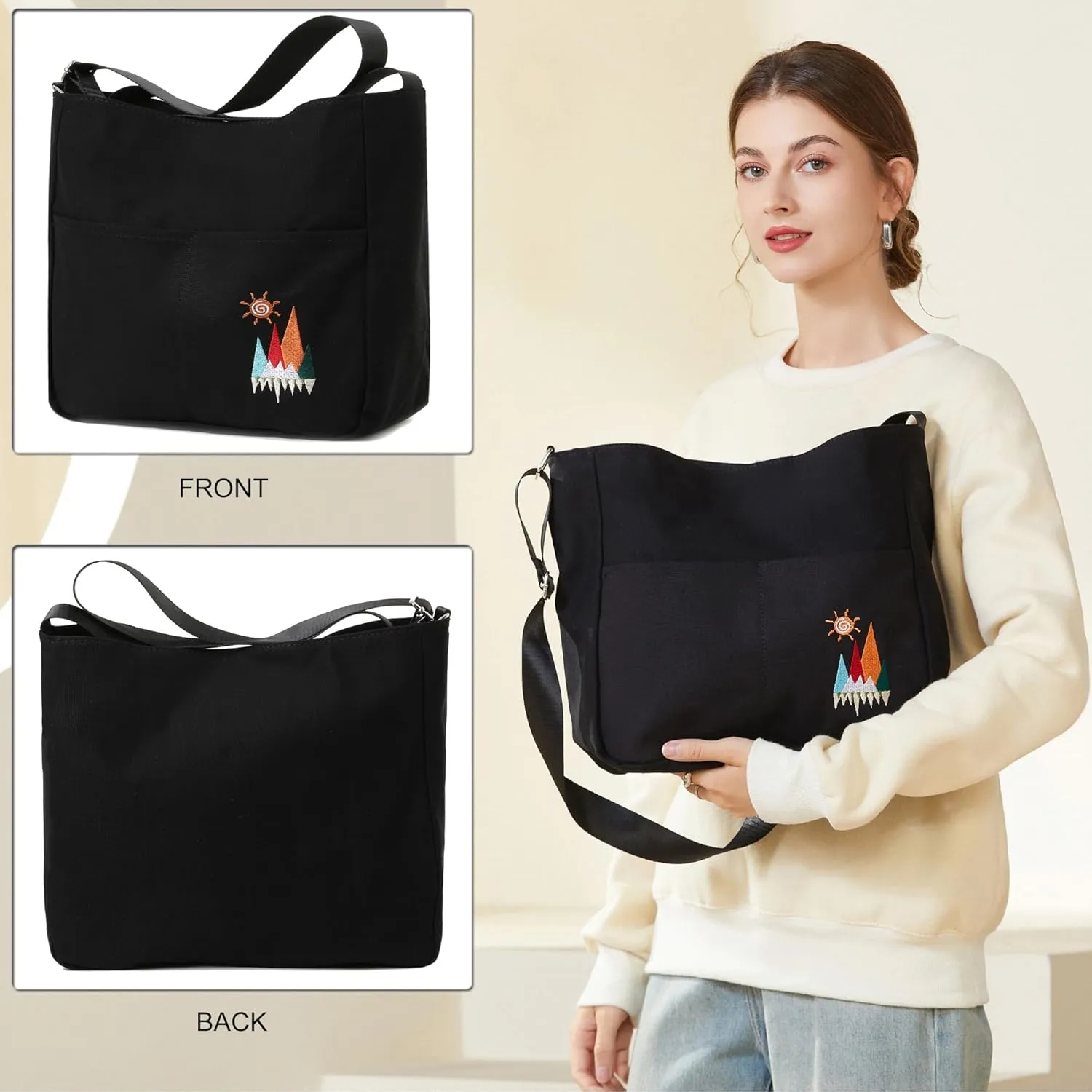 Canvas Crossbody Bag for Women Men, Fashion Casual Shoulder Bags Messenger Bag with Embroidery