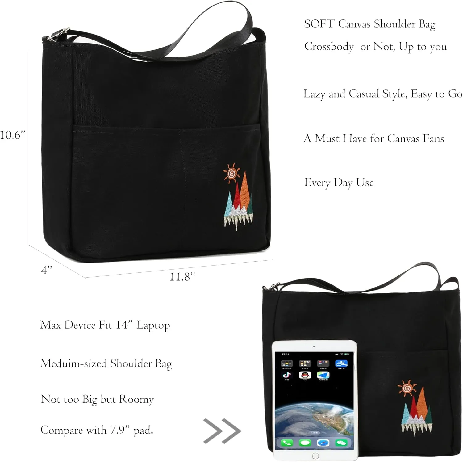 Canvas Crossbody Bag for Women Men, Fashion Casual Shoulder Bags Messenger Bag with Embroidery