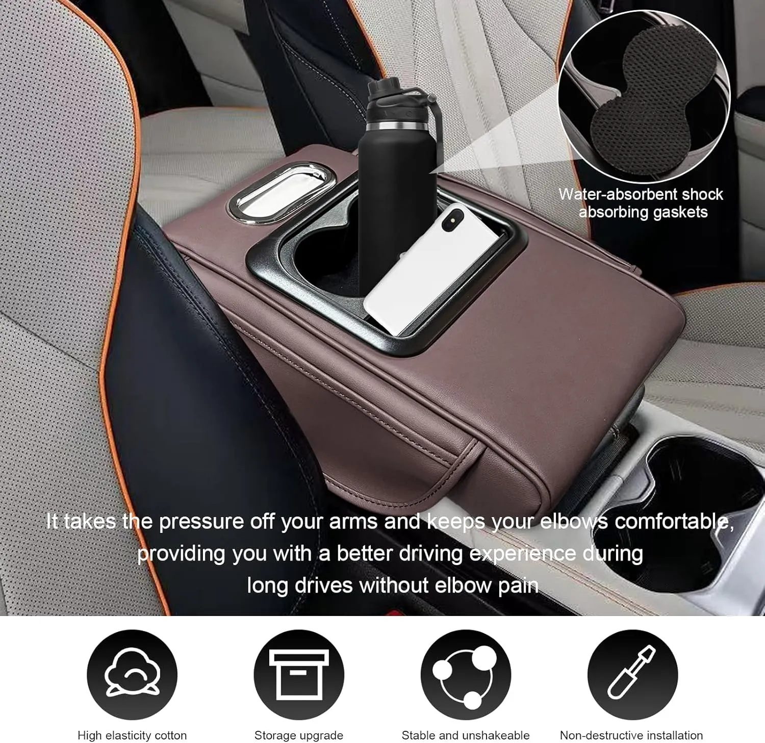 Car Center Console Armrest Pillow, Leather Car Armrest Cushion with Cup Holder & Phone Holder, Universal Armrest Storage Box Protector for Most Vehicles, Car Accessories (Coffee, Normal)