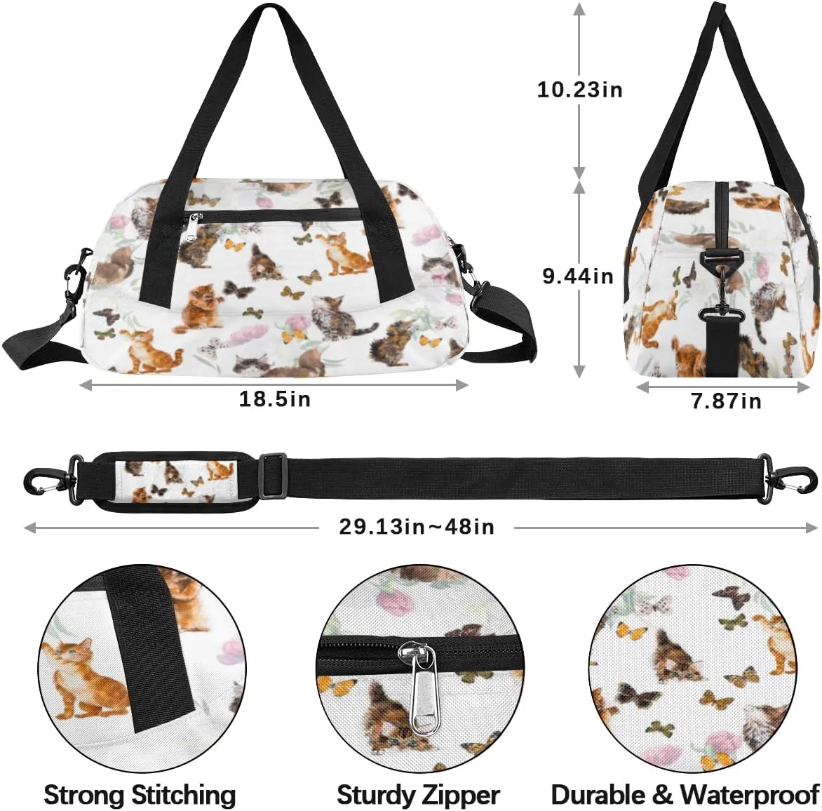 Cats Butterflies Kitten Gym Bag, Duffle Bag, Weekender Bag, Duffel Bag, Overnight Bag, Travel Duffel Bag, Dance Bag, Tote Bag, Beach Bag, Pool Bag, Gym Duffle Bag, Carry on Bag
