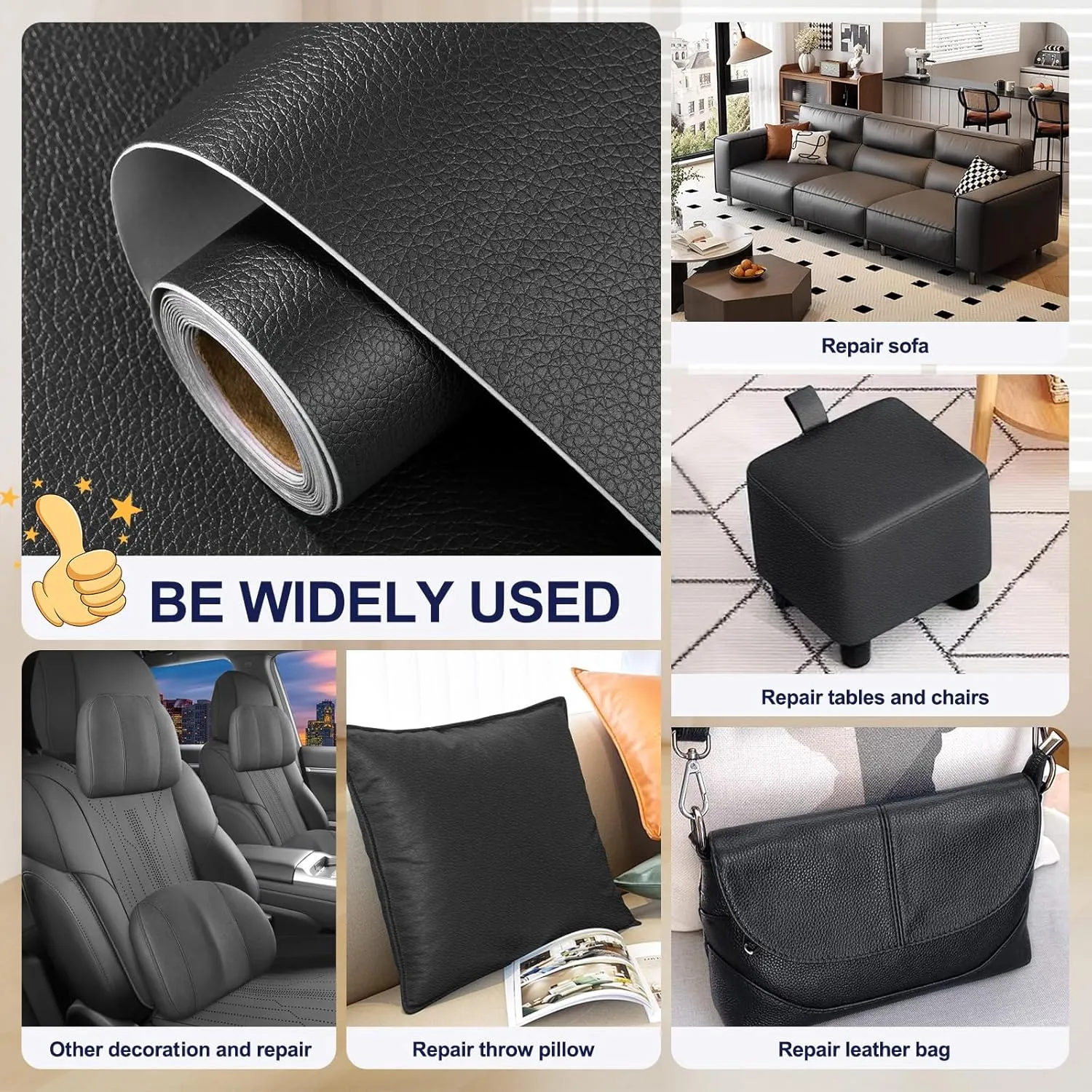 CAX Black Faux Leather Repair Patch 15.7x80 Inch Large Self-Adhesive Leather Repair Tape,Leather Repair Kit for Cabinets,Shelves,Sofa,Car Seats,Chairs,Bags,Shoes(Waterproof, Textured)