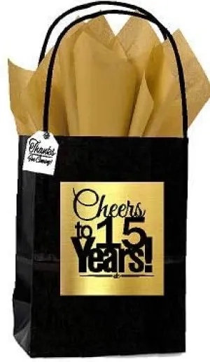 Celebrate Next Black & Gold 15th Birthday/Anniversary Cheers Themed Small Party Favor Gift Bags with Tags -12pack