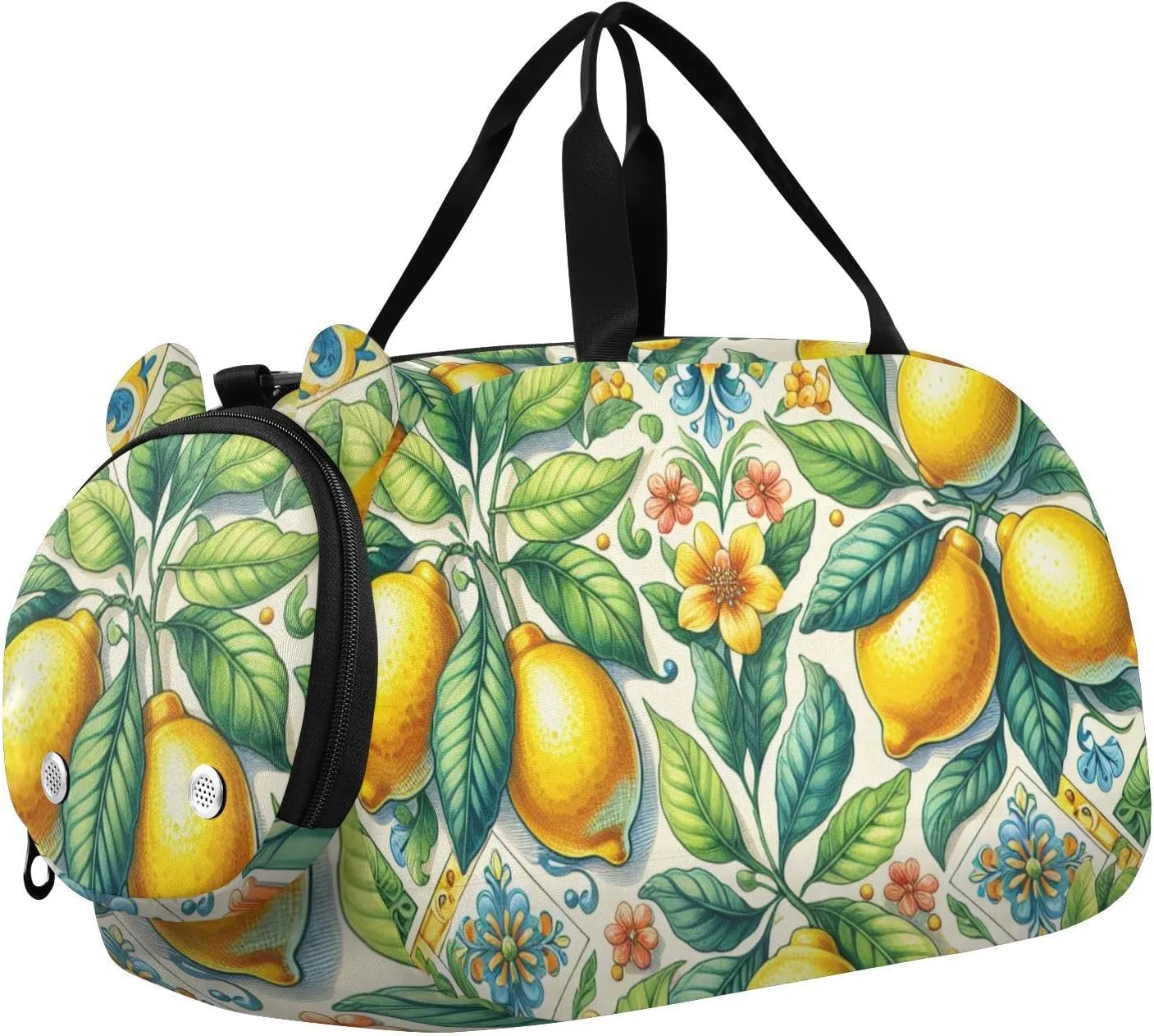 Ceramic Tile Lemon Leaves Duffle Bag for Girl, Sports Duffle Gym Bags with Shoe Compartment, Personalized Overnight Bag Travel Weekender for Kids