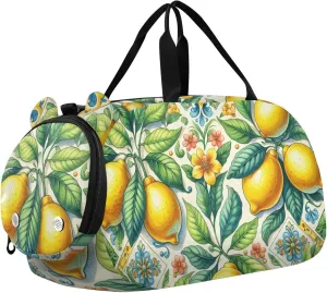 Ceramic Tile Lemon Leaves Duffle Bag for Girl, Sports Duffle Gym Bags with Shoe Compartment, Personalized Overnight Bag Travel Weekender for Kids
