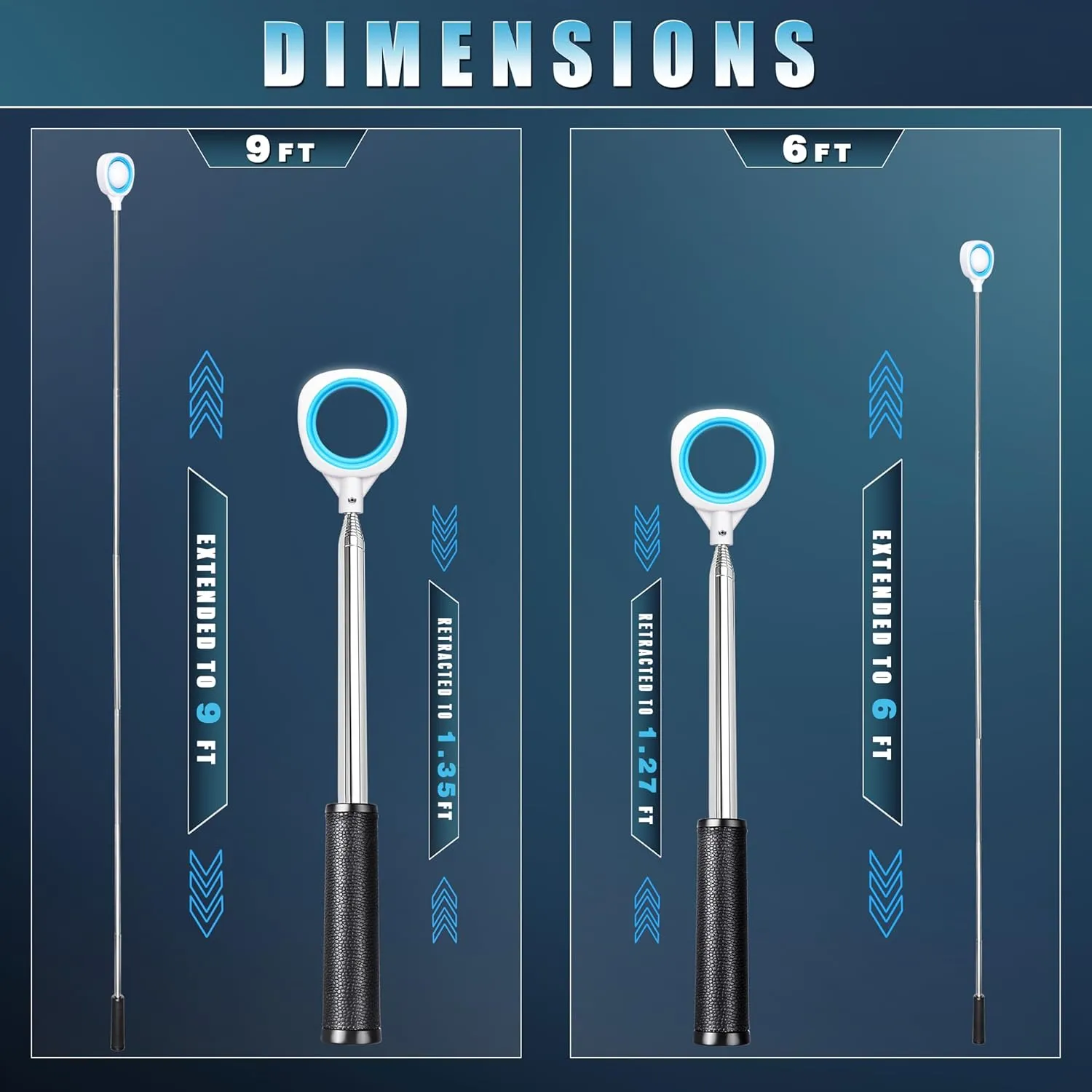 CHAMPKEY Two-Sided 6Ft / 9Ft / 12Ft / 14.5Ft Golf Ball Retriever Lite Version - Premium Stainless Steel Telescopic Golf Ball Picker- Come with Premium Head Cover