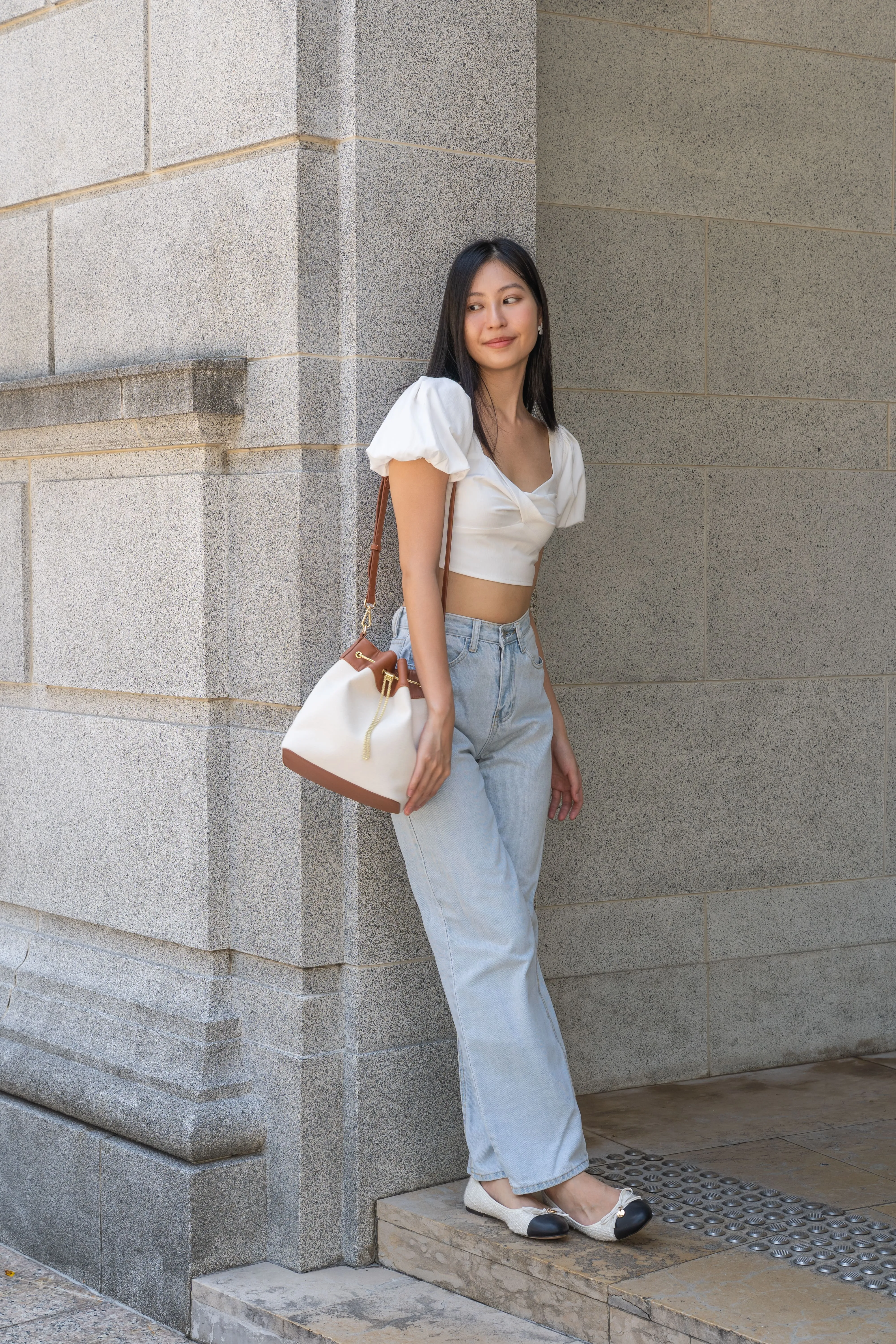 Chantalle Chained Bucket Bag (Canvas with brown leather)