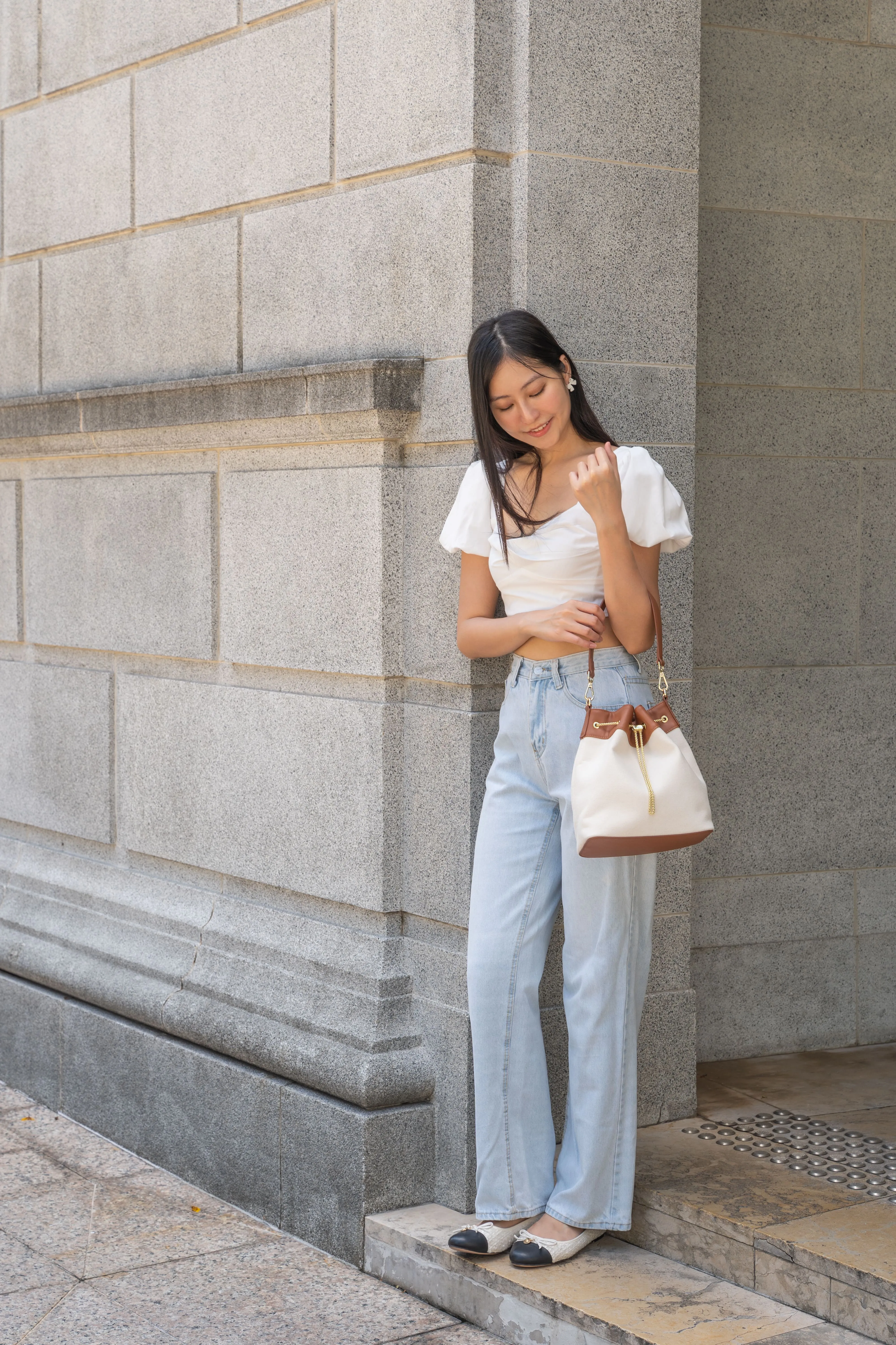 Chantalle Chained Bucket Bag (Canvas with brown leather)