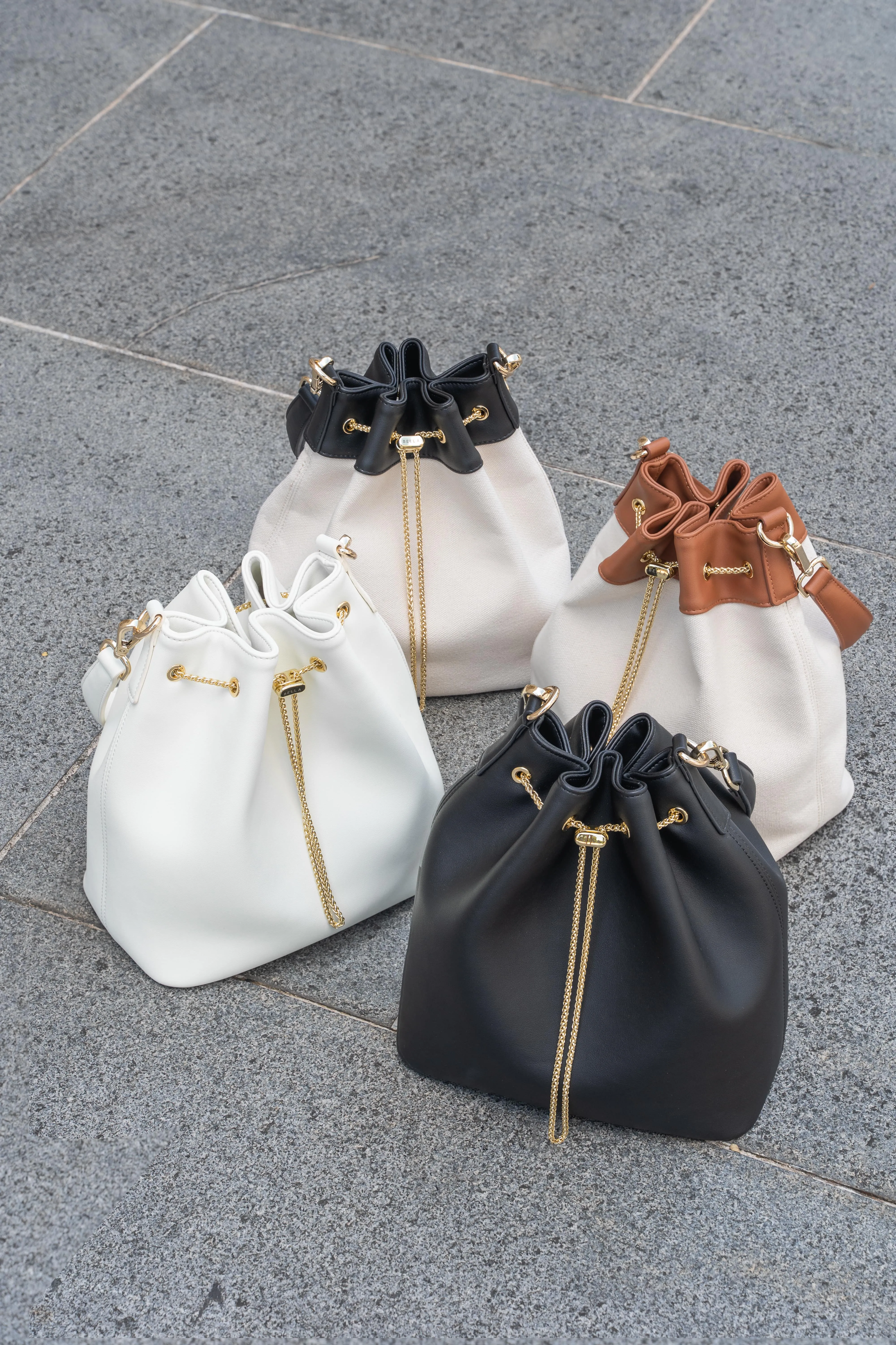 Chantalle Chained Bucket Bag (Canvas with brown leather)