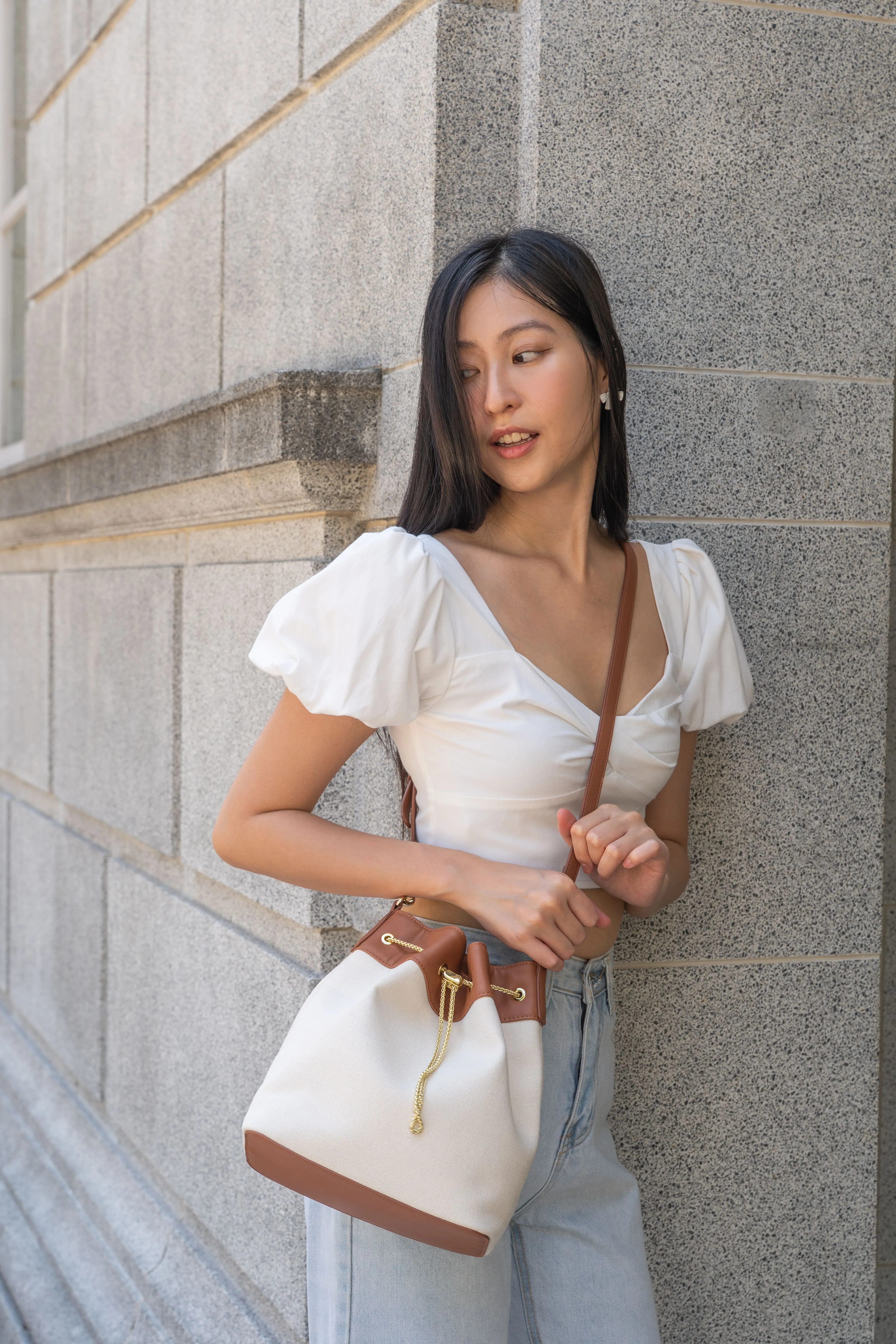 Chantalle Chained Bucket Bag (Canvas with brown leather)