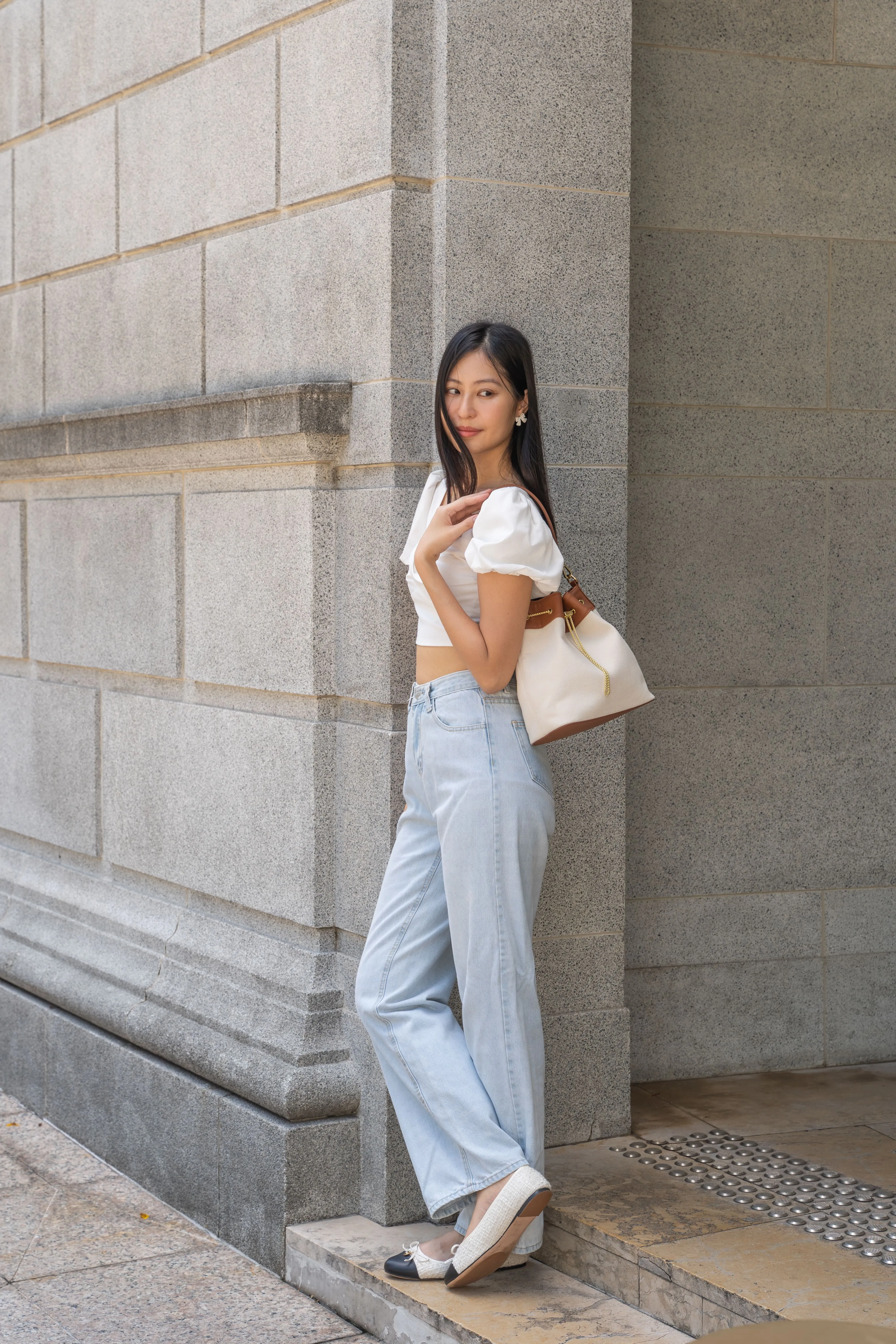 Chantalle Chained Bucket Bag (Canvas with brown leather)