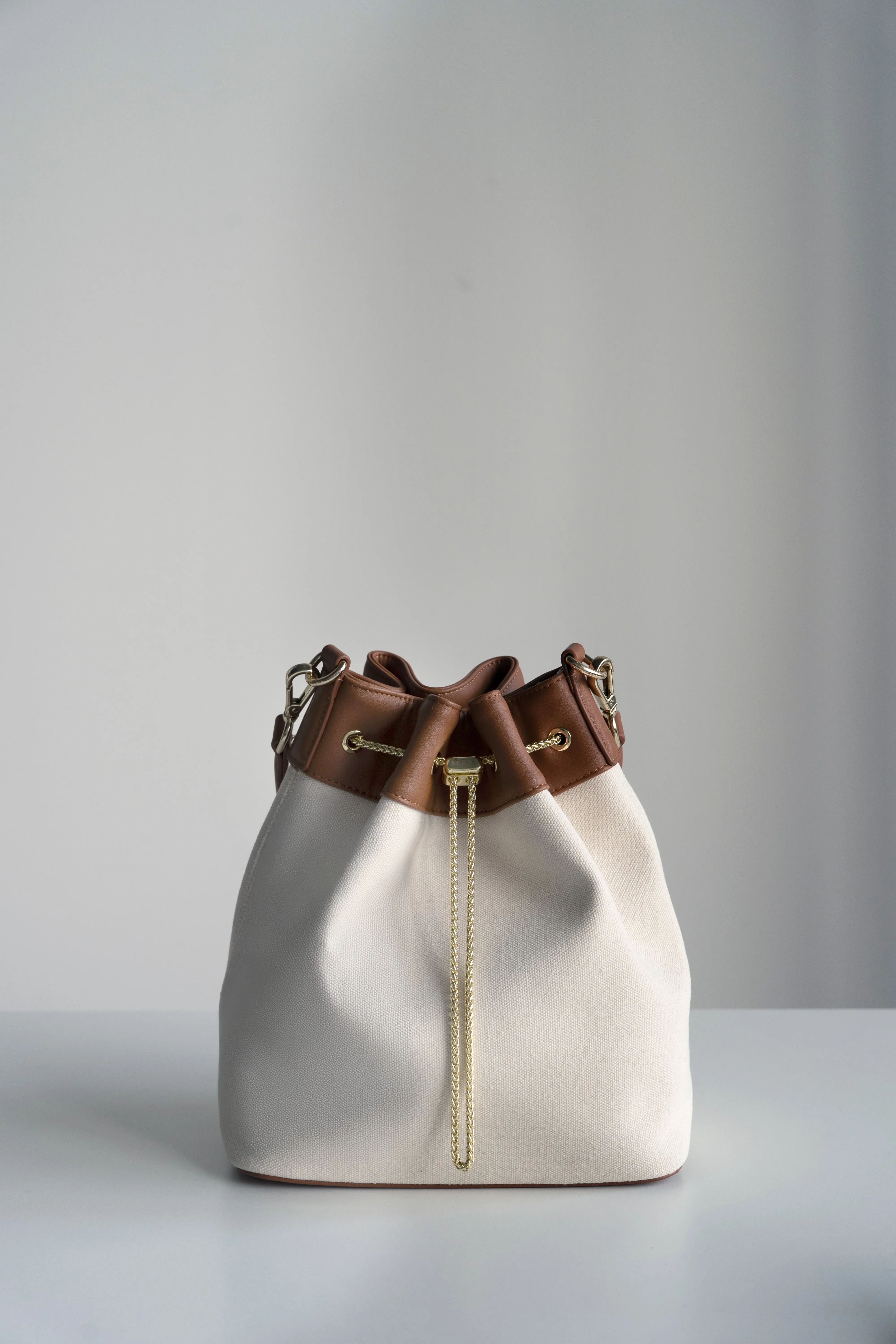 Chantalle Chained Bucket Bag (Canvas with brown leather)
