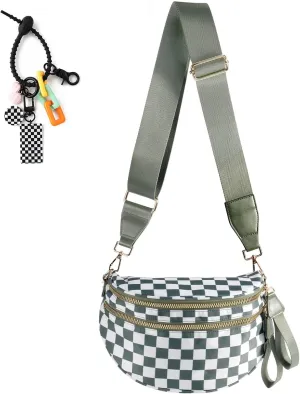 Checkered Crossbody Bag Bum Bag for Women & Charms Spacious Purse, Sling Bags with Shoulder Strap