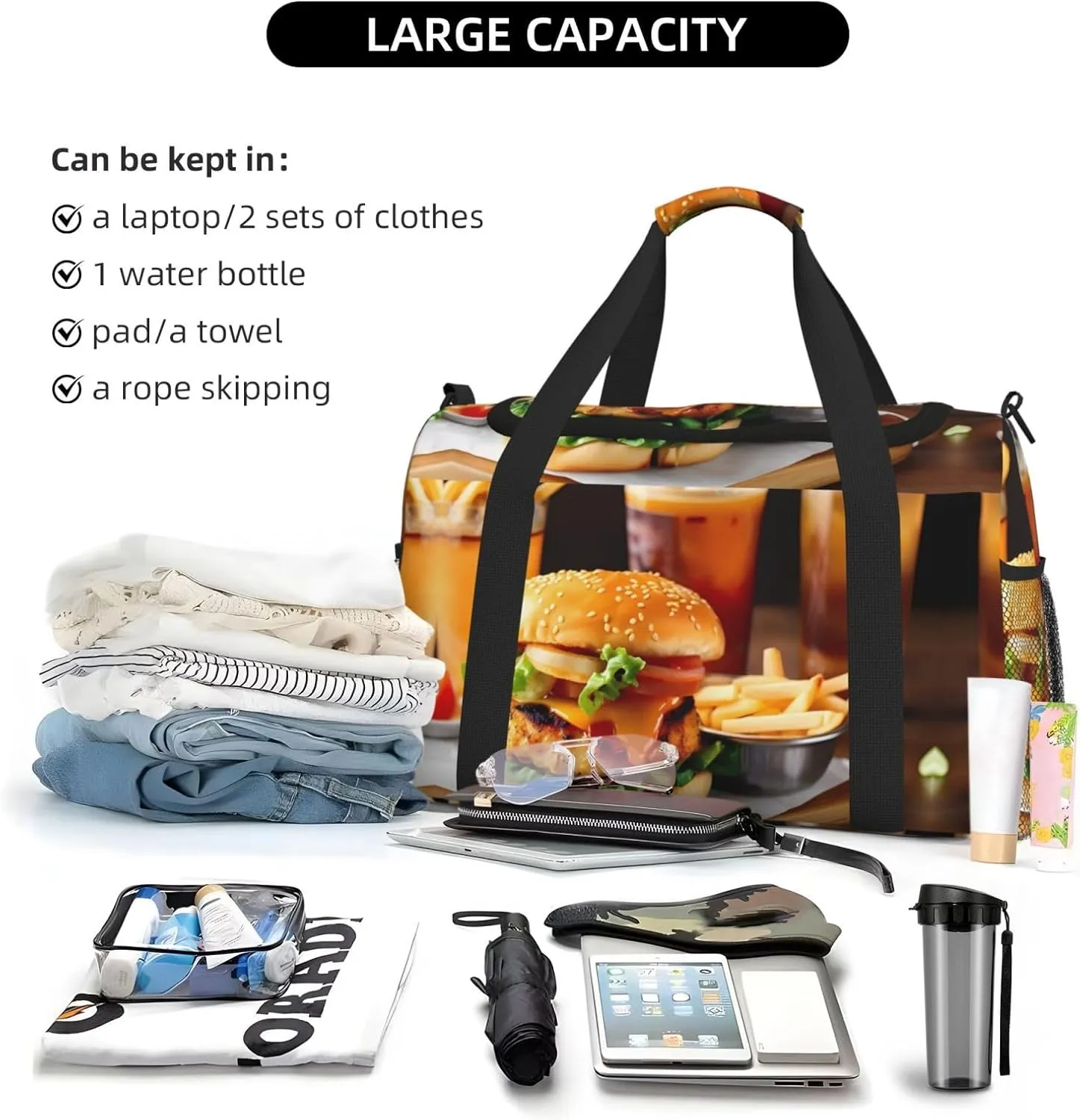 Chicken Leg Burger Drink Travel Bag, Weekender Bags For Women Men For Outdoor Adventures, Ideal For Camping And Hiking