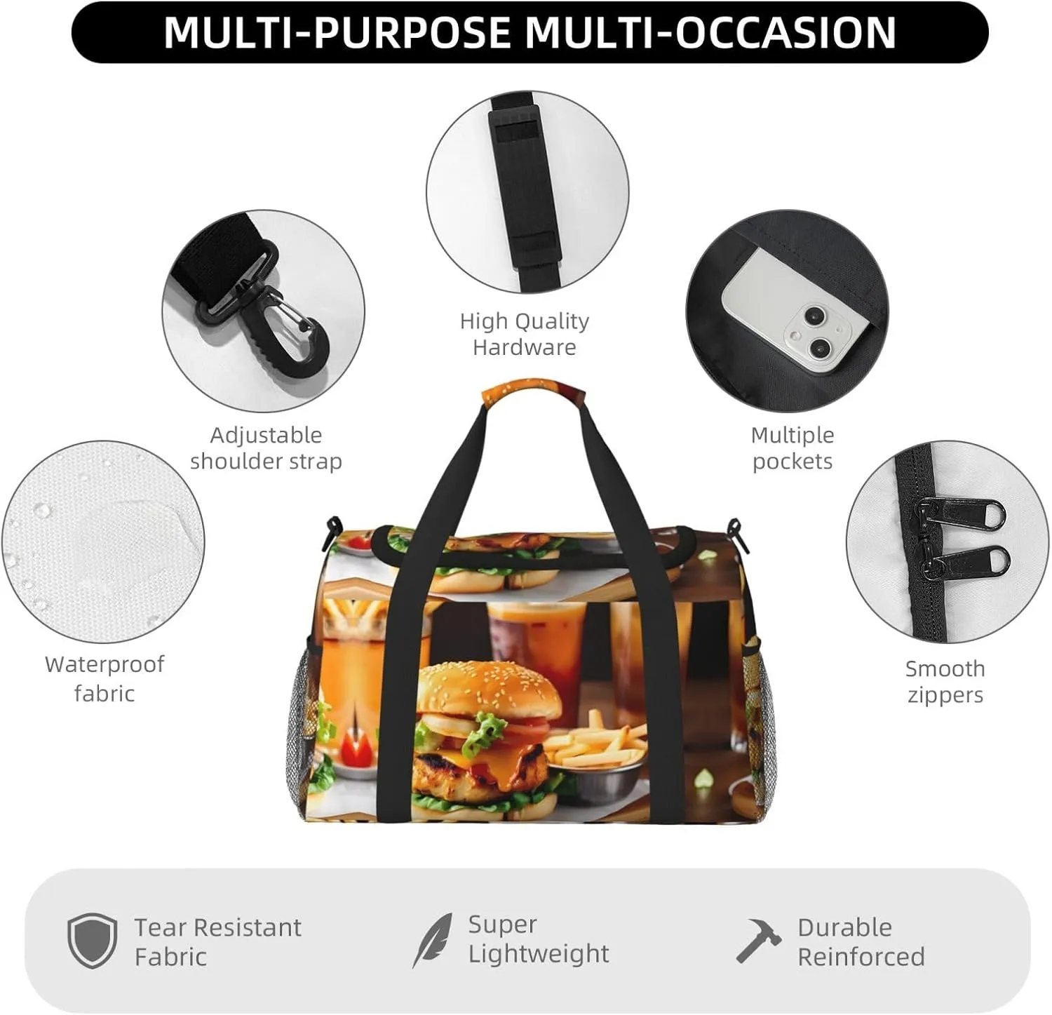 Chicken Leg Burger Drink Travel Bag, Weekender Bags For Women Men For Outdoor Adventures, Ideal For Camping And Hiking