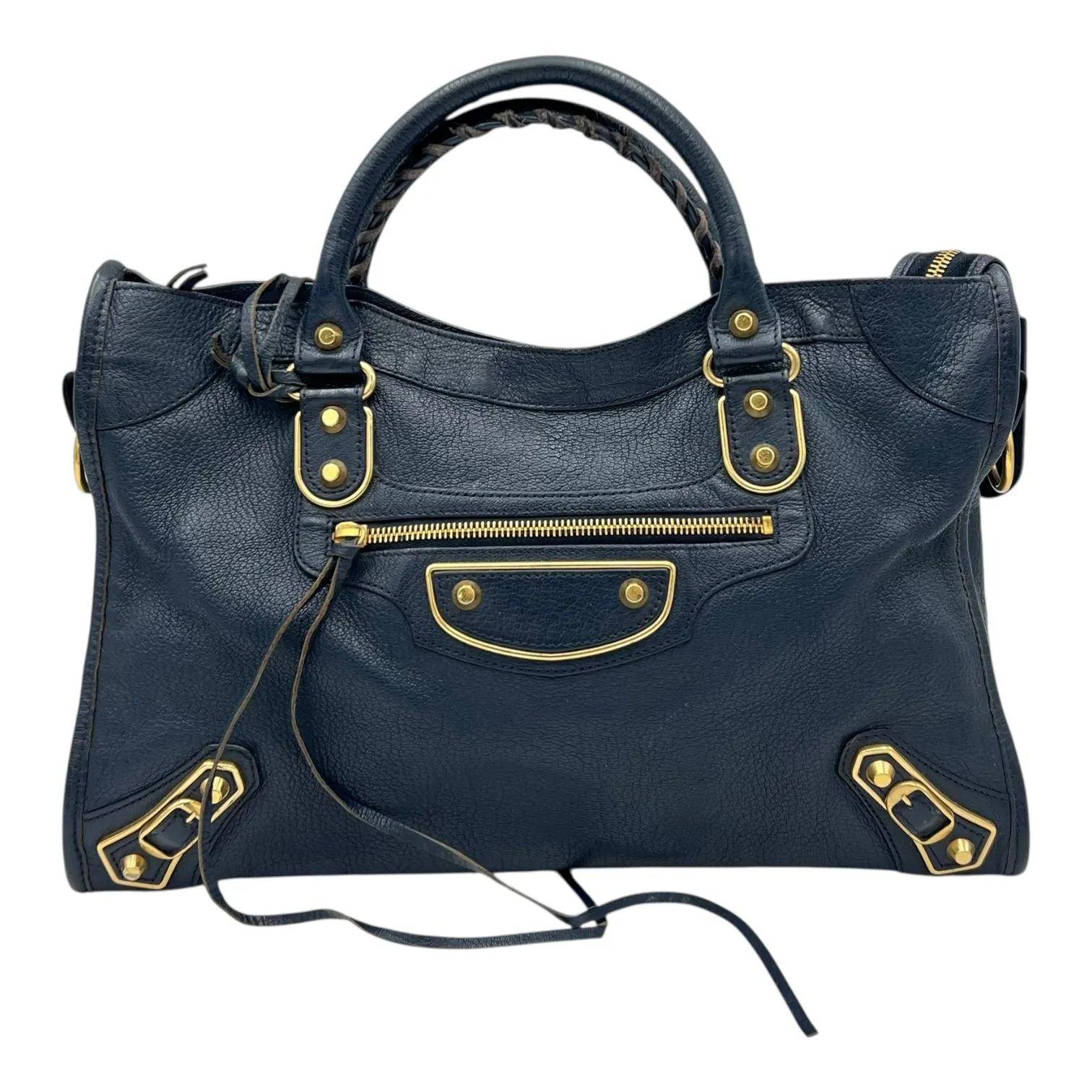 City Edge Reguler Blue Top Handle Bag in Distressed Leather, Gold hardware