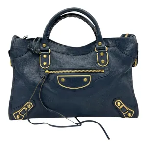 City Edge Reguler Blue Top Handle Bag in Distressed Leather, Gold hardware