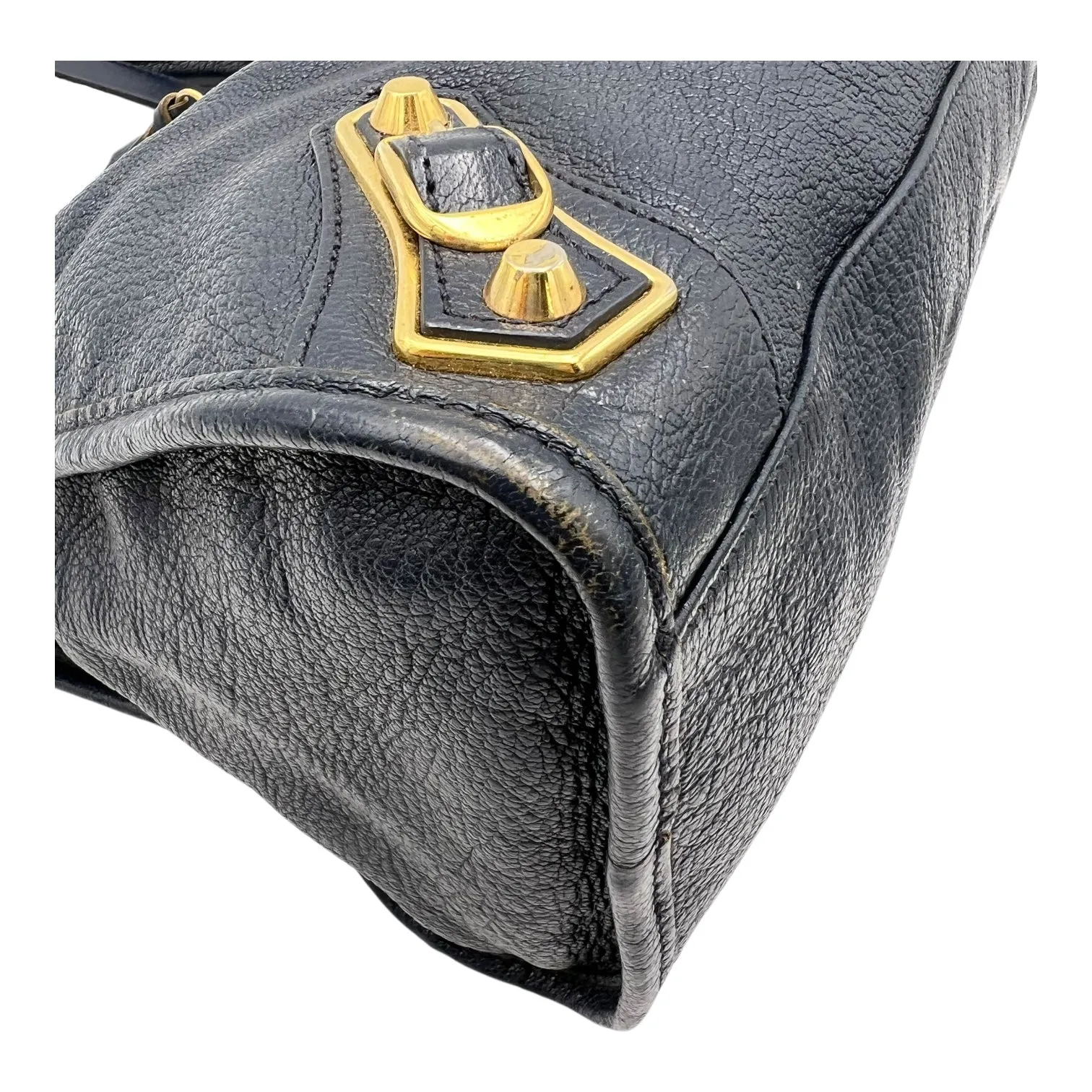 City Edge Reguler Blue Top Handle Bag in Distressed Leather, Gold hardware