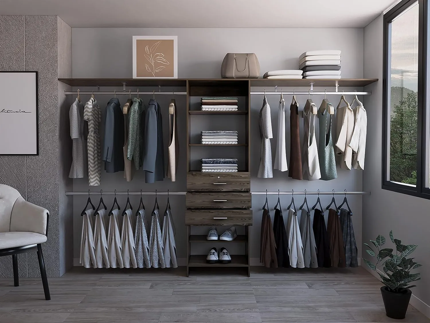 Closet System with Four Hanging Rods and Three Drawers, Adjustable Size 69" to 118", Dark Walnut