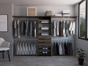 Closet System with Four Hanging Rods and Three Drawers, Adjustable Size 69" to 118", Dark Walnut