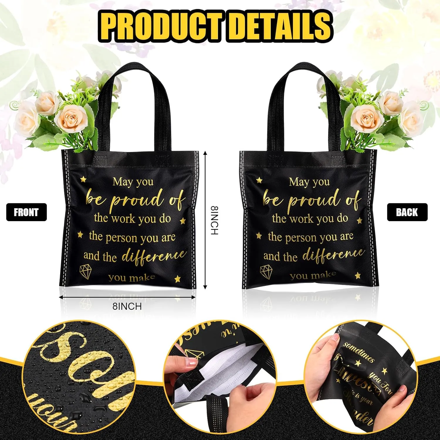 Clysee 50 Pcs Employee Appreciation Gift Bags Bulk Thank You Team Small Gift Bag with Handle Black Gold Inspirational Wedding Party Favor 8 x 8 Inch for Women Coworker Party Nursing Volunteer