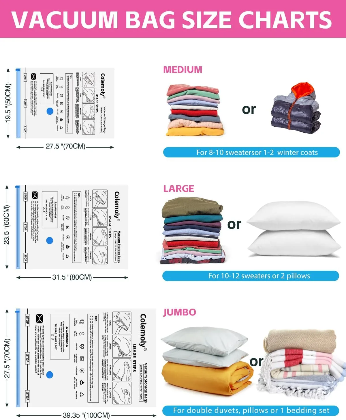 Colemoly Vacuum Storage Bags with Electric Air Pump 12 Pack Space Saver Vacuum Seal Bags for Clothing, Travel Essentials, Storage and Organization, Moving Supplies(4 Jumbo/ 4 Large/ 4 Medium)