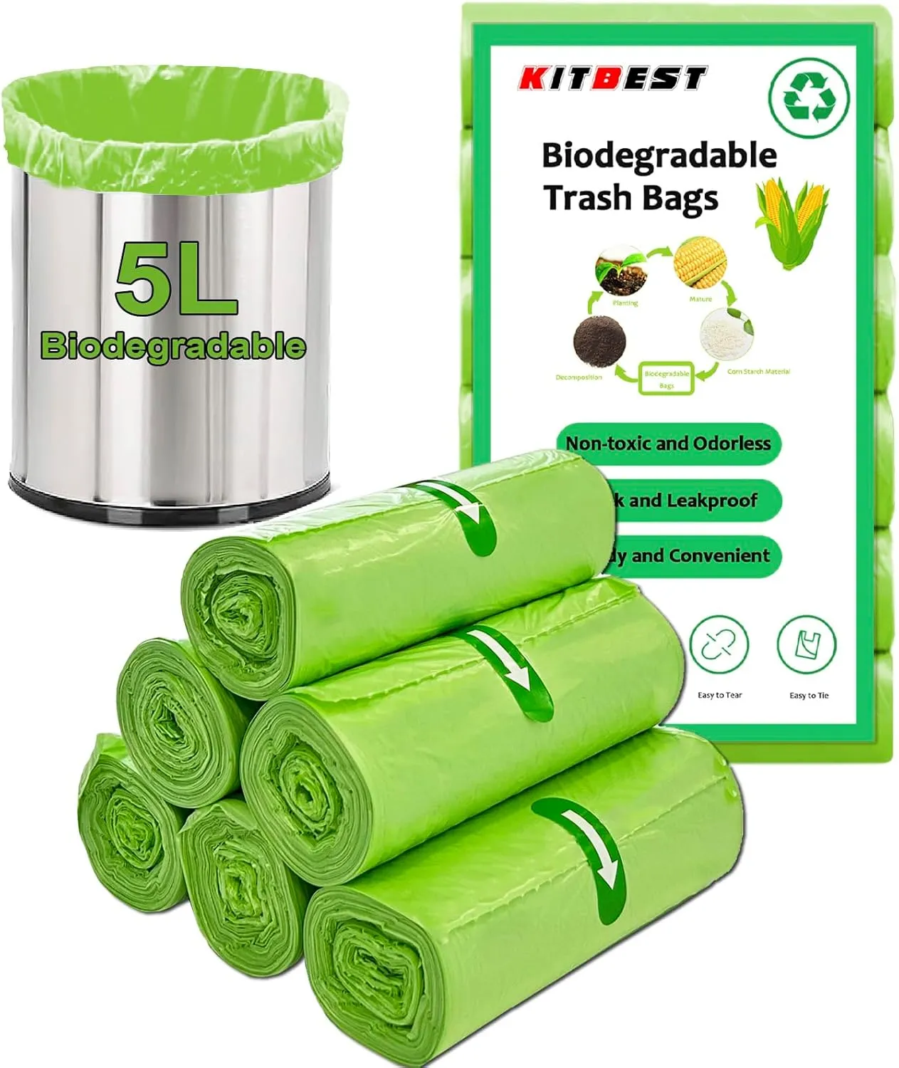 Compostable Trash Bags (120 Count) 1.3 Gallon Tall Kitchen Biodegradable Trash Bags Compost Garbage Bags, 5 Liter Waste Bin Liner Green Strong Thicken Rubbish Can Liners for Kitchen Garden Home