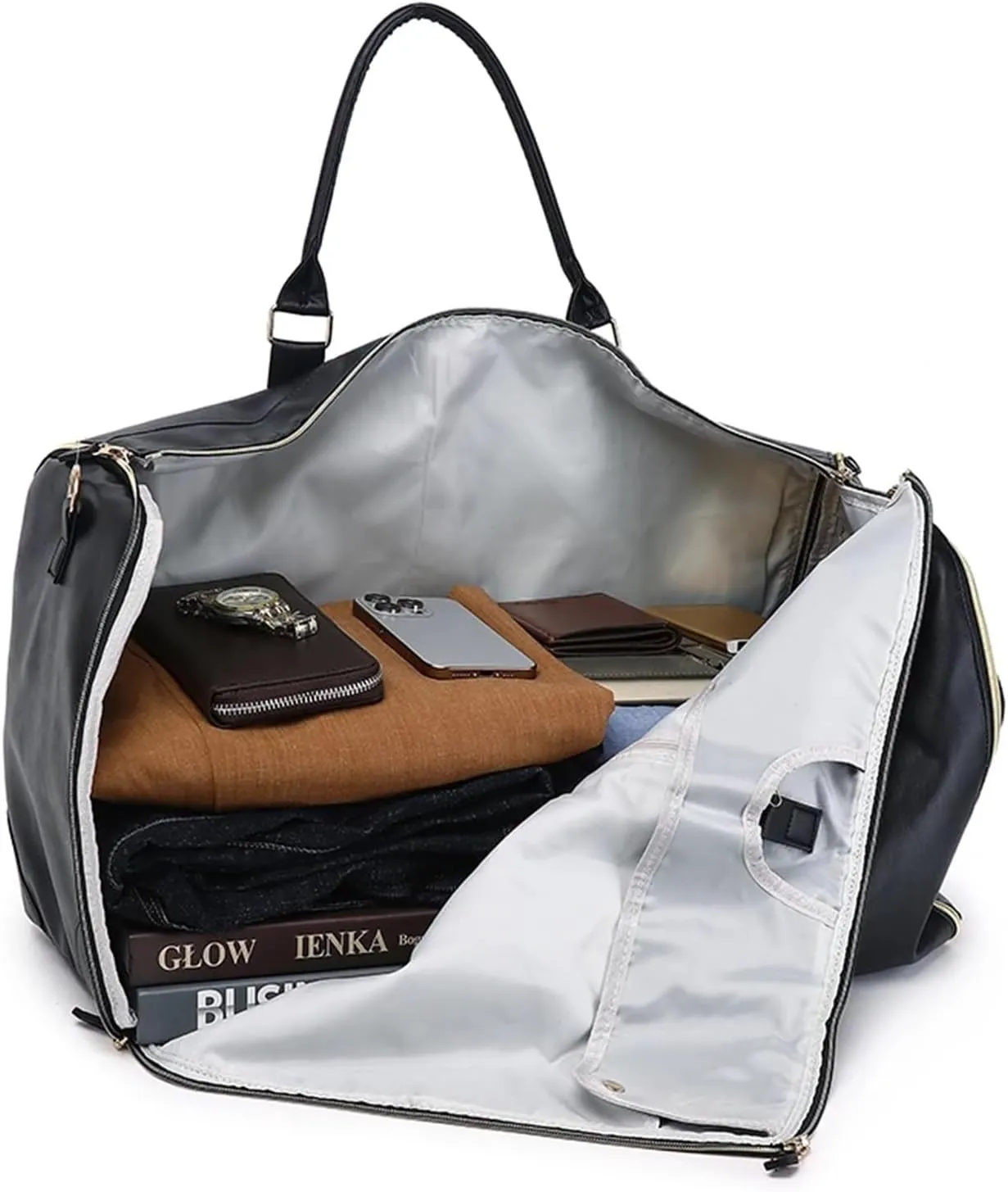 Convenient Travel Carry On Clothing Bag Large PU Leather Luggage Bag Fashion Travel Bag Suitable For Traveling, Business Trip, Outdoor(Black)
