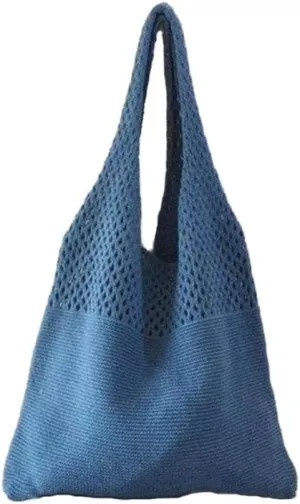 Convertible Shoulder Purse Women's Knitted Handbag for Everyday & Travel Large Hobo Bag Tote Handbags Blue